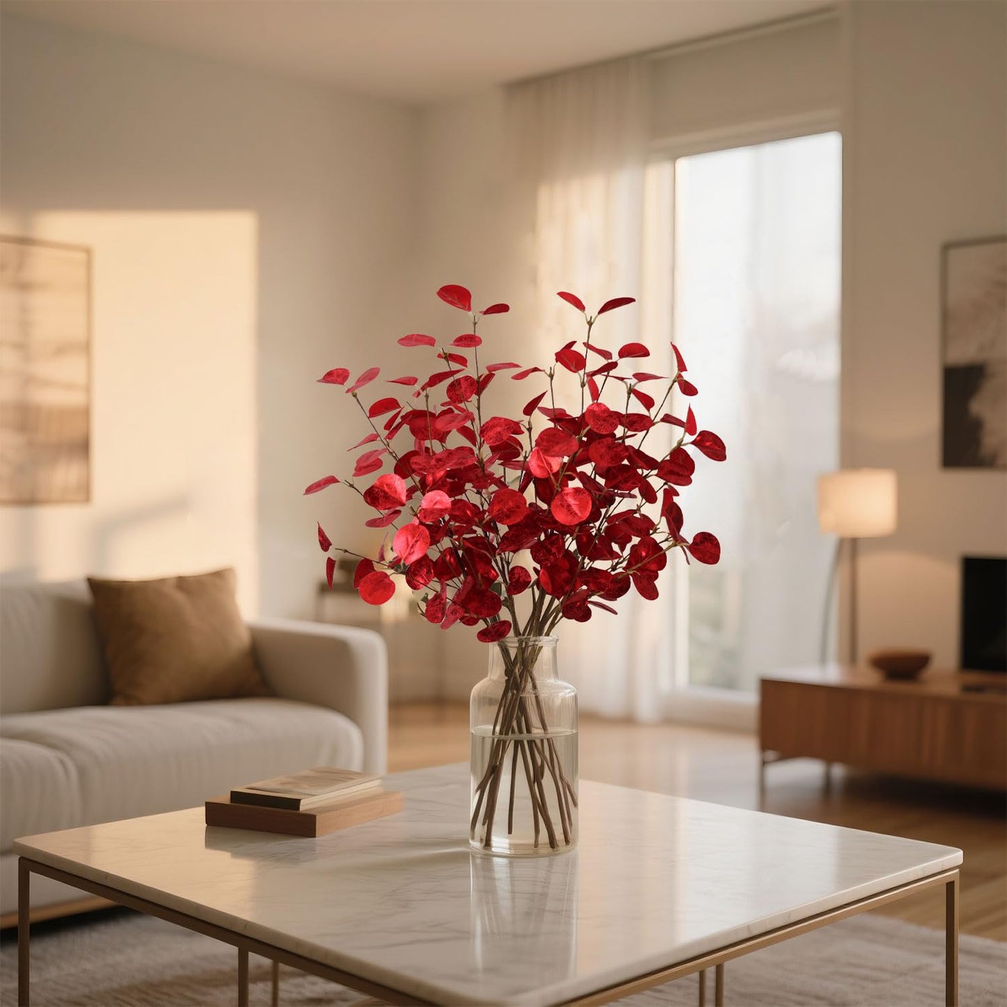 siqifloral 4pcs 23.62" Realistic Red Artificial Leaves – Faux Red Eucalyptus Stems for Vase Decoration, Rustic Farmhouse & Christmas Table Centerpiece