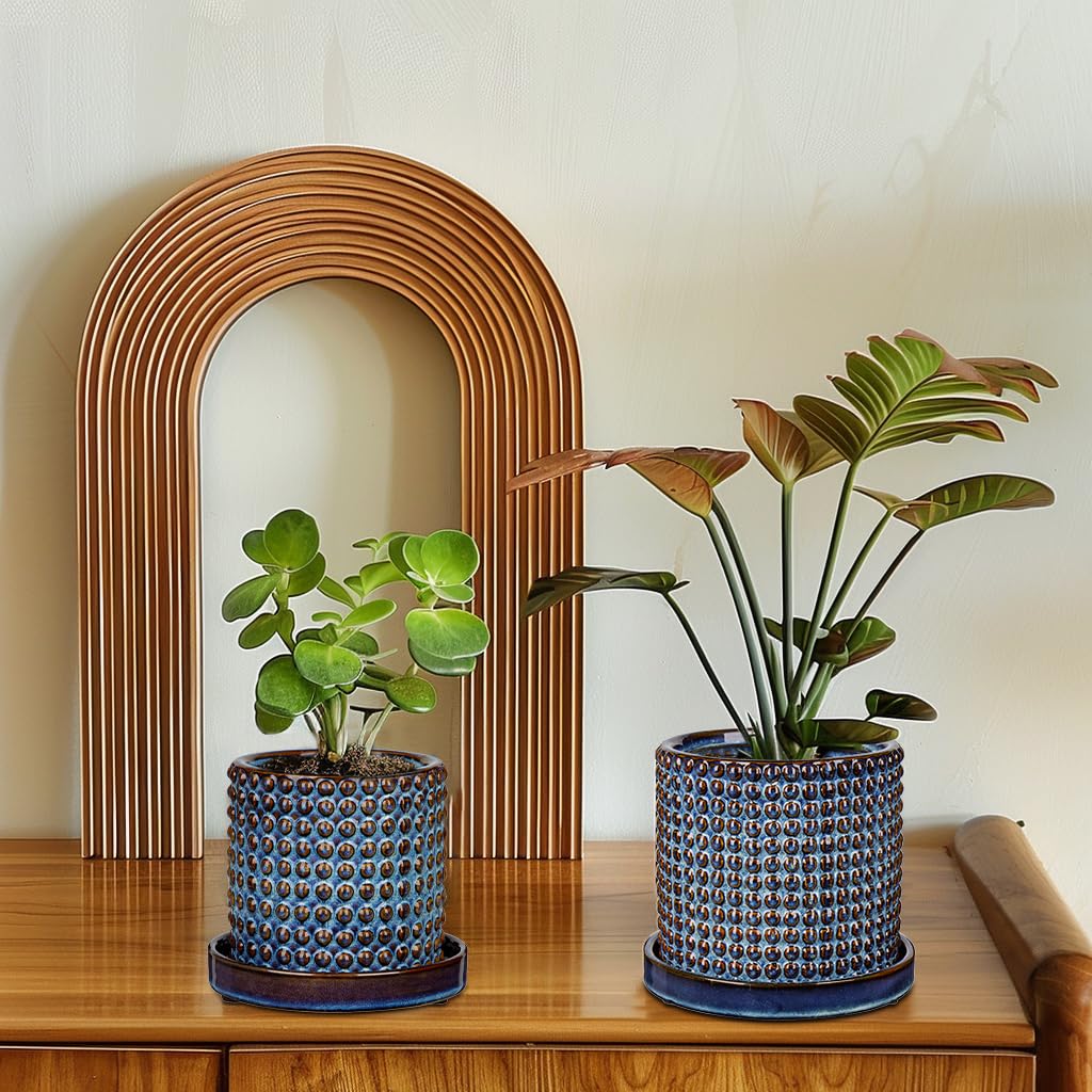 DILATATA Set of 2 Ceramic Planter Pots with Drainage Hole and Saucer, Round Flower Pot Hobnail Modern Planter Pots for Indoor & Outdoor Plants - 4 Inch & 6 Inch, Blue