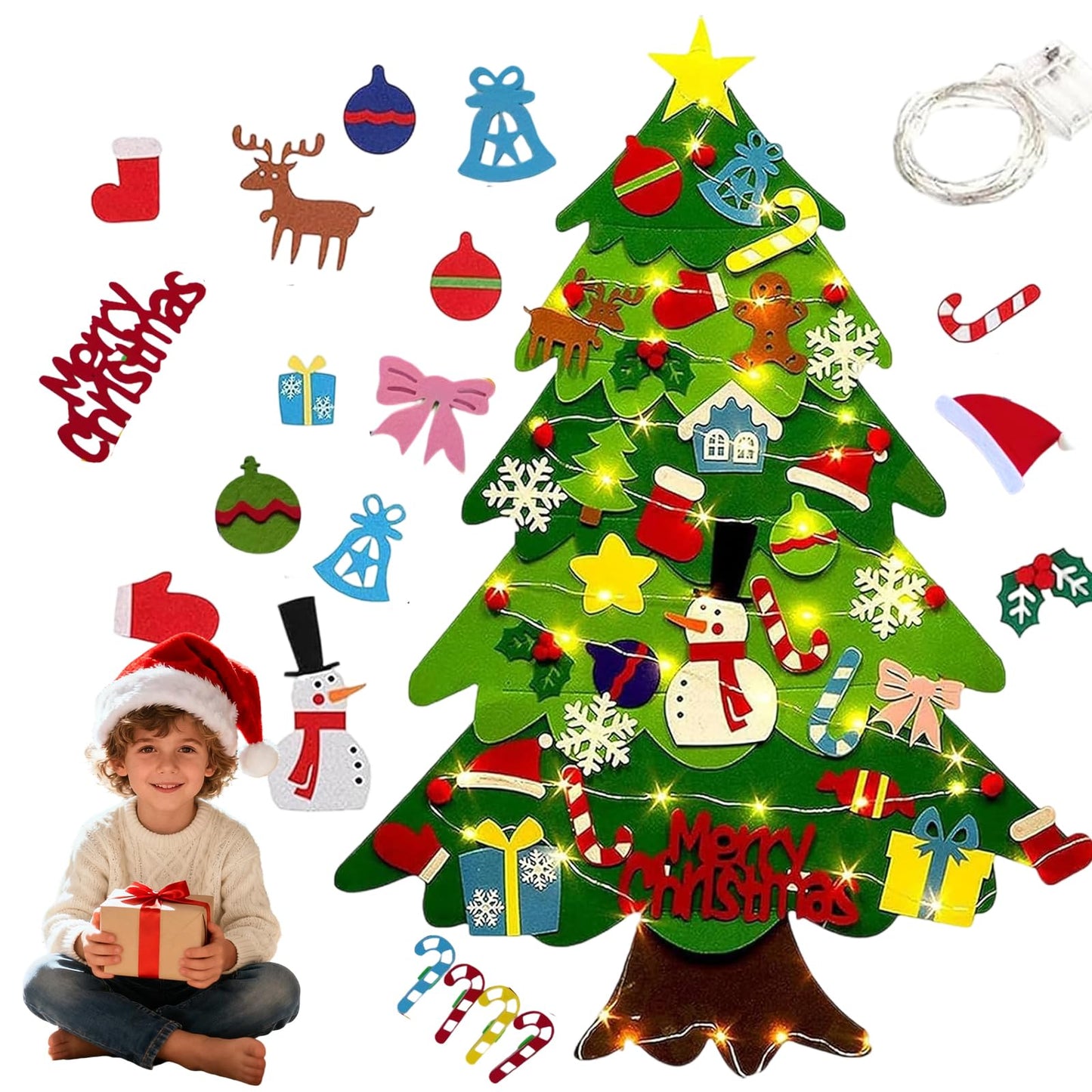 NUOKOU Montessori Felt Christmas Tree for Toddlers, DIY Felt Christmas Tree Set with 32pcs Detachable Ornaments and Lights