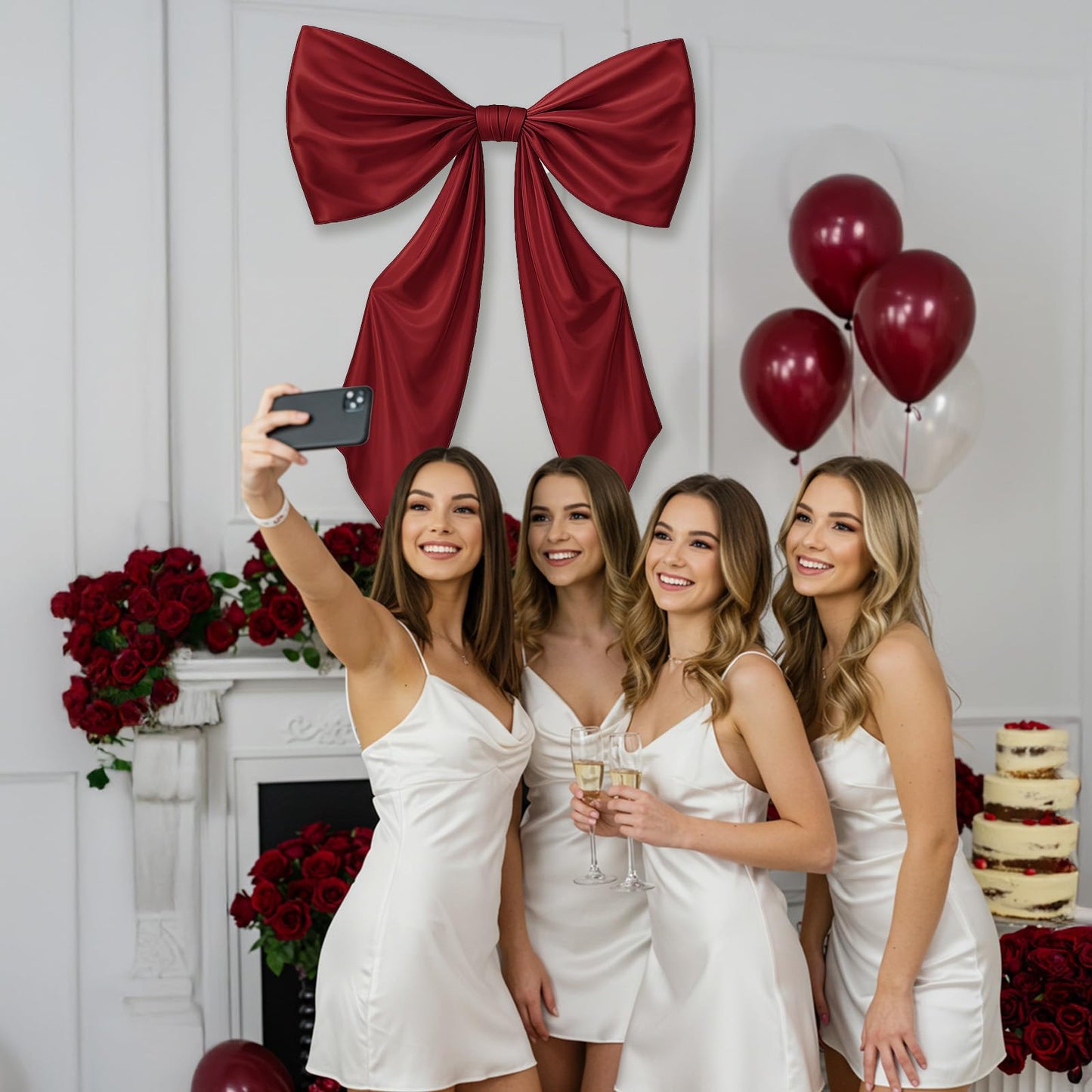 GUDELAK 43 x 24 Inches Large Burgundy Red Bow for Birthday Graduation Wedding Baby Shower Decorations, Giant Burgundy Bow Decor Satin Ribbon, Contains Felt Big Red Bow Wall Decor