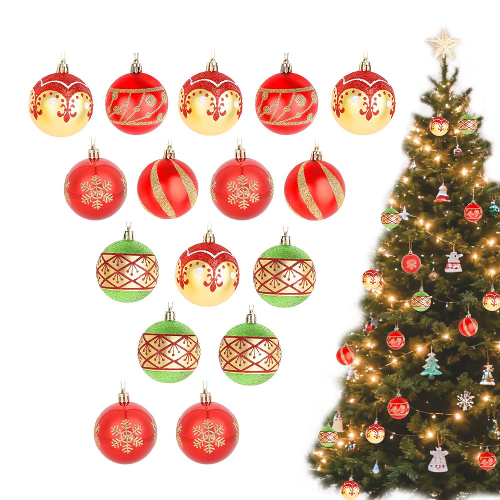 CAVETEE Christmas Ornaments,Glittering Shatterproof Traditional Country Hanging Decor for Xmas Holiday Party Christmas Tree Ornaments Party Decorations (16, Red&Green&Gold)
