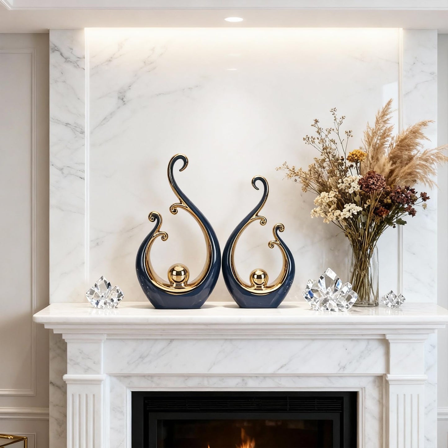 LCCCK Glossy Blue and Gold Decor Ceramic Statue, Modern Abstract Sculpture Art for Luxury Centerpiece - Shelves Bookshelf&Dining Table Decorations, Entryway Coffee Table Tv Stand Home Decor