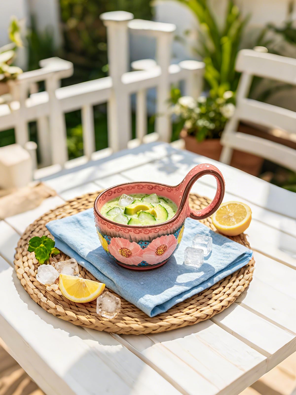 silesia Handmade Ceramic Soup Bowl with Loop Handle, Hand Painted Floral Cereal Bowl, Artisanal Soup Mug for Chili, Stew, Oatmeal, Microwave Safe, Glazed Pink