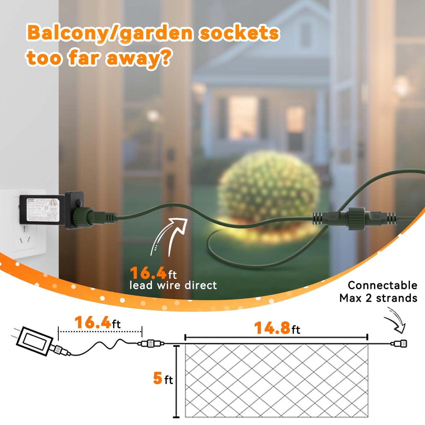 LitHome 14.8FT x 5FT Christmas Net Lights Outdoor Mesh Lights, 300 LED Warm White Net Light 8 Modes Connectable, Waterproof Giant Christmas Mesh Light Green Wire for Bushes Garden Yard Party Decor