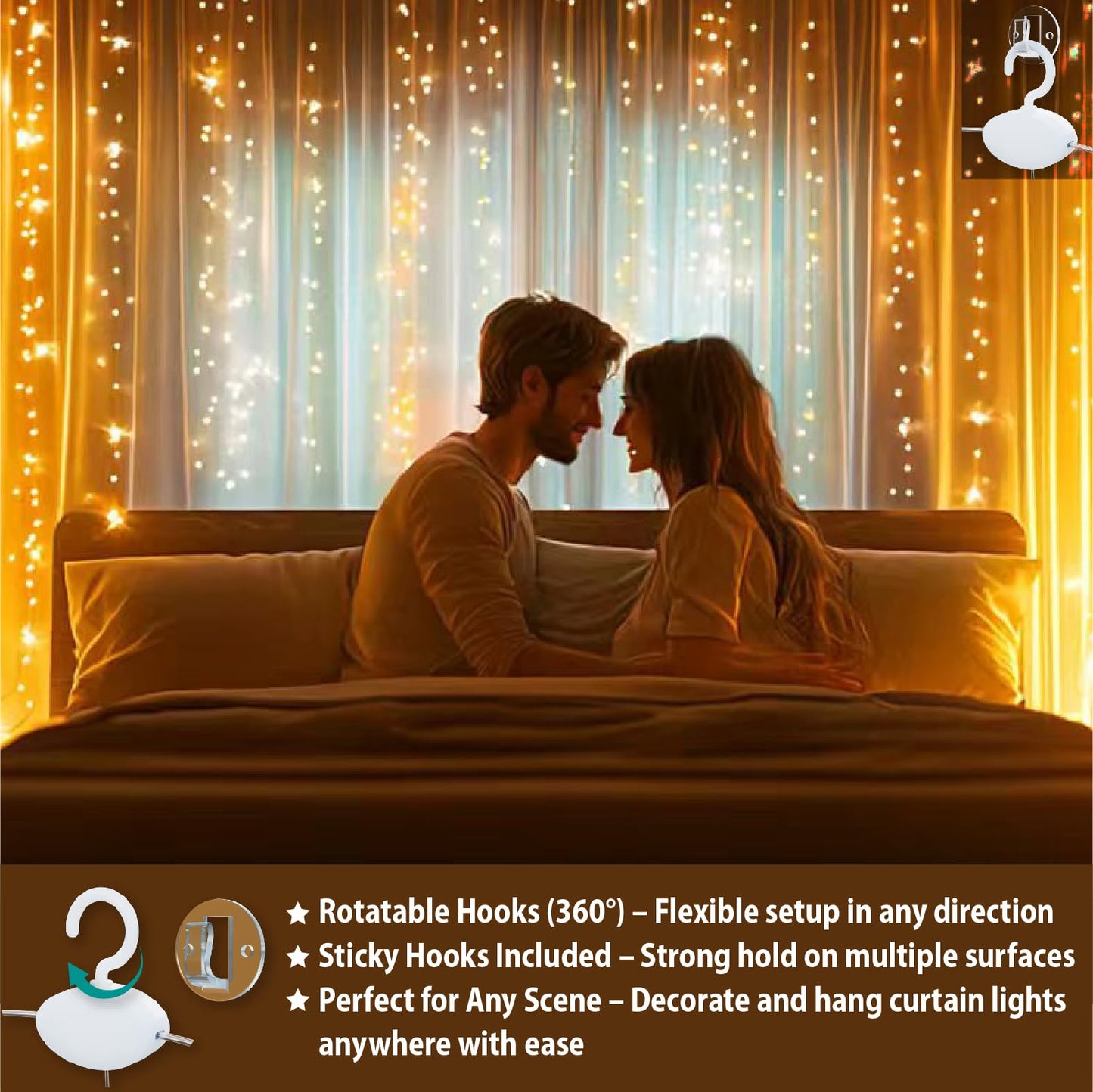 SINAMER Warm White Curtain Light for Bedroom, 300 LED 9.8ft x 9.8ft Window Fairy Curtain String Light with 16 Hooks, 8 Models Remote Control for Wedding Party Home Garden Indoor Decorations