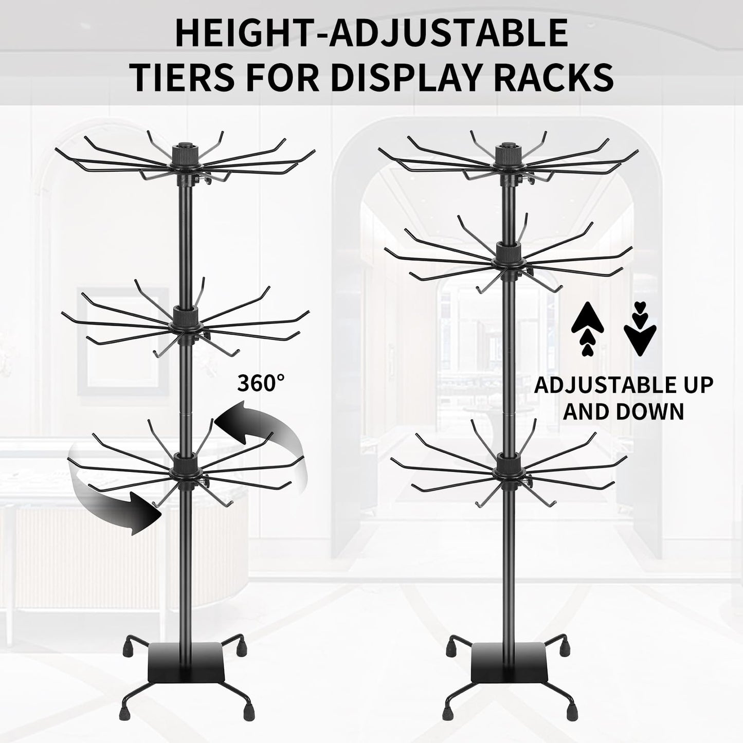 bahforam 2 Pcs 3-Tier Rotating Jewelry Display Stand, 28.35 inch Tall Floor-Standing Metal Rack with 60 Hooks Total (30 per Stand), Adjustable Tiers, Black - Necklaces, Earrings, Keychains