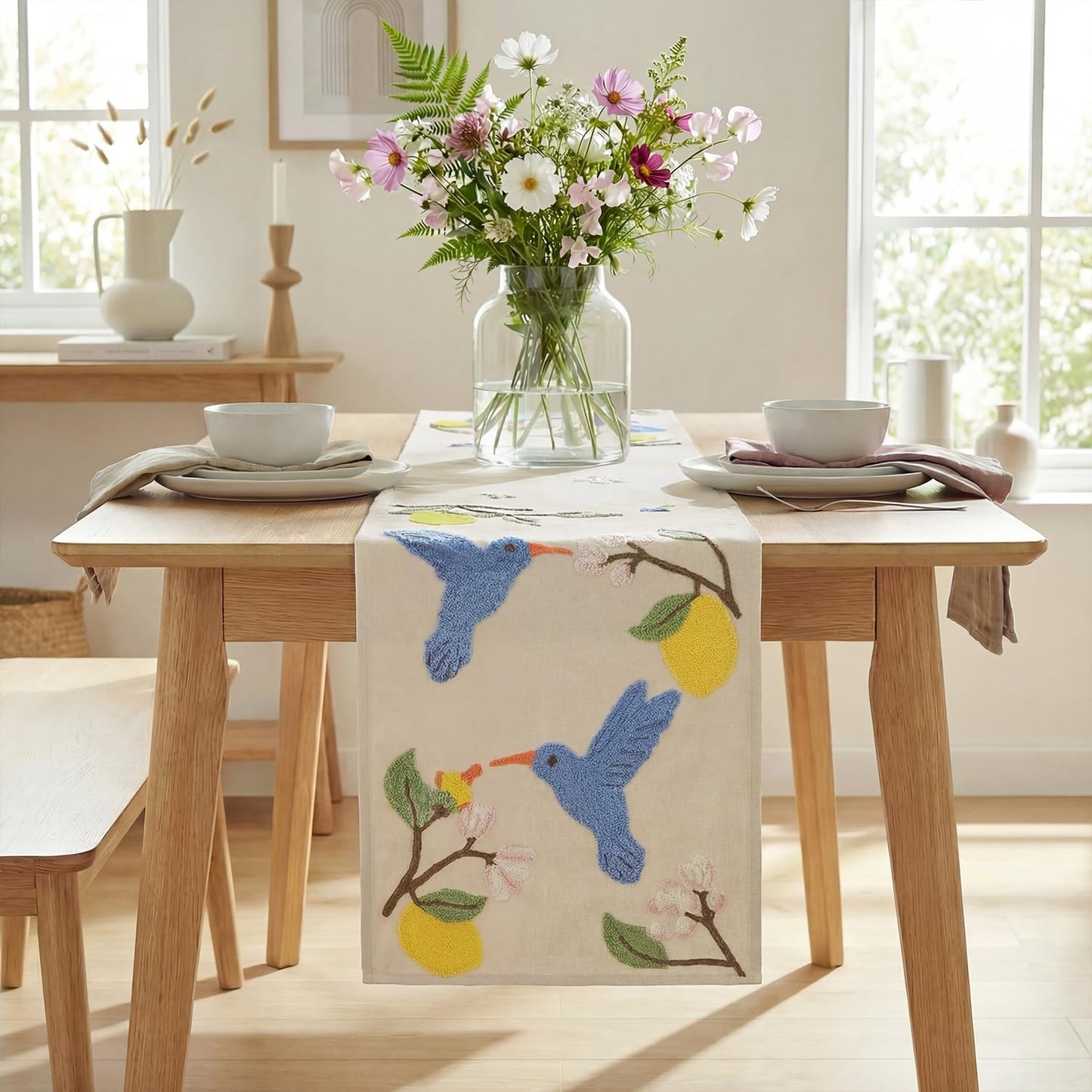 Artoid Mode Beige Soft Chain Embroidery Flower Bird Lemon Spring Table Runner, Seasonal Summer Kitchen Dining Table Decoration for Home Party Decor 13x72 Inch