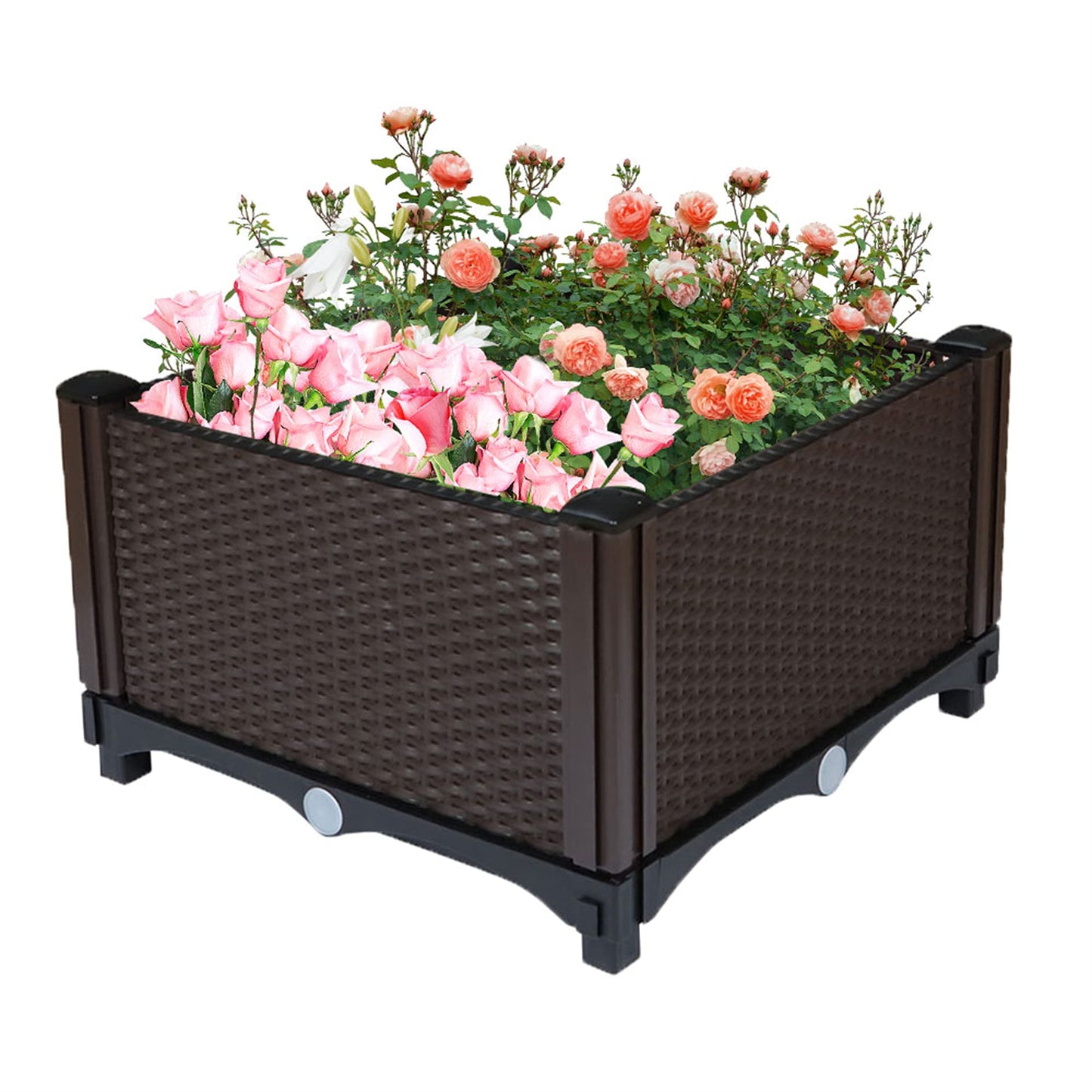 elfinrm Square Raised Garden Bed, Garden Free Splicing Planting Box Outdoor Indoor Planting Container Stylish Rattan Pattern Set of 1, Brown