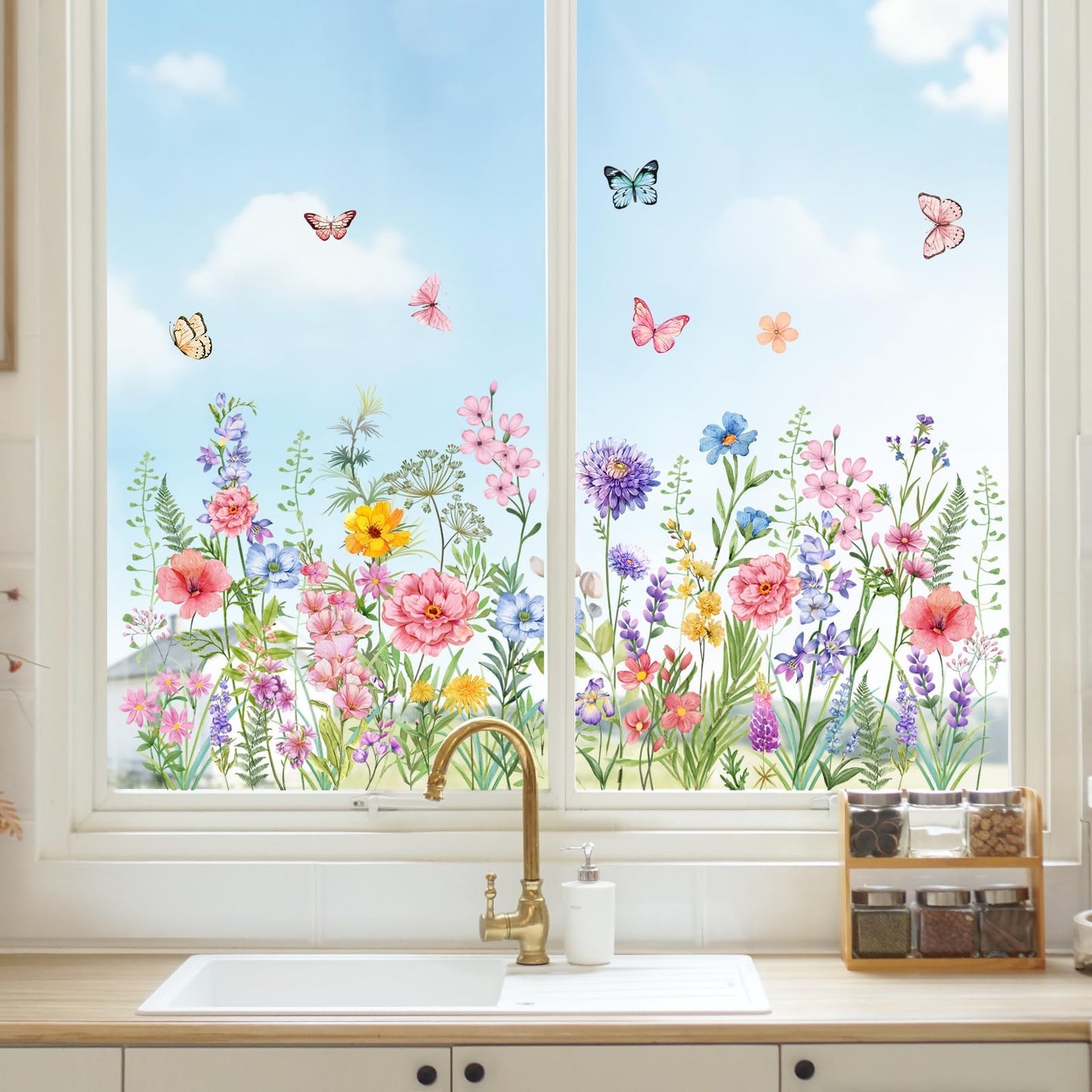 Supzone Colorful Wildflower Static Window Clings Double Sided Spring Summer Flower Butterflies Window Decals Anti-Collision Glass Door Mirror Decals