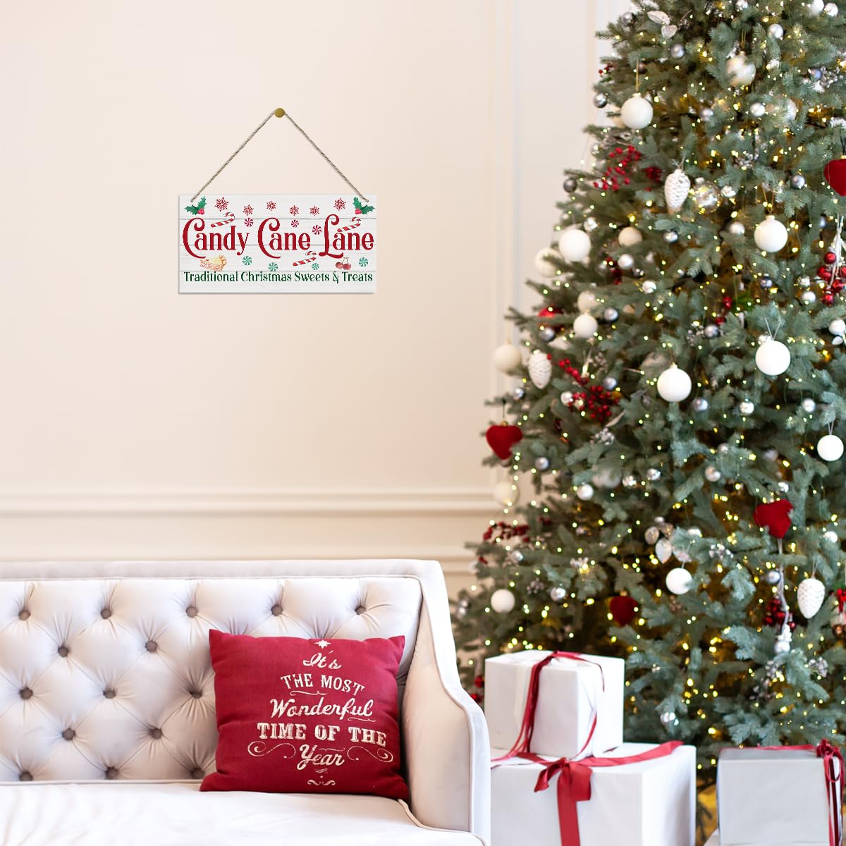 Christmas Decor, Decorative Wood Hanging Wood Plaque, Home Wall Decor Art, Christmas Sign for Kitchen Cafe Bar, Rustic Wooden Holiday Decor, Christmas Wall Decor With Rope, Candy Cane Lane