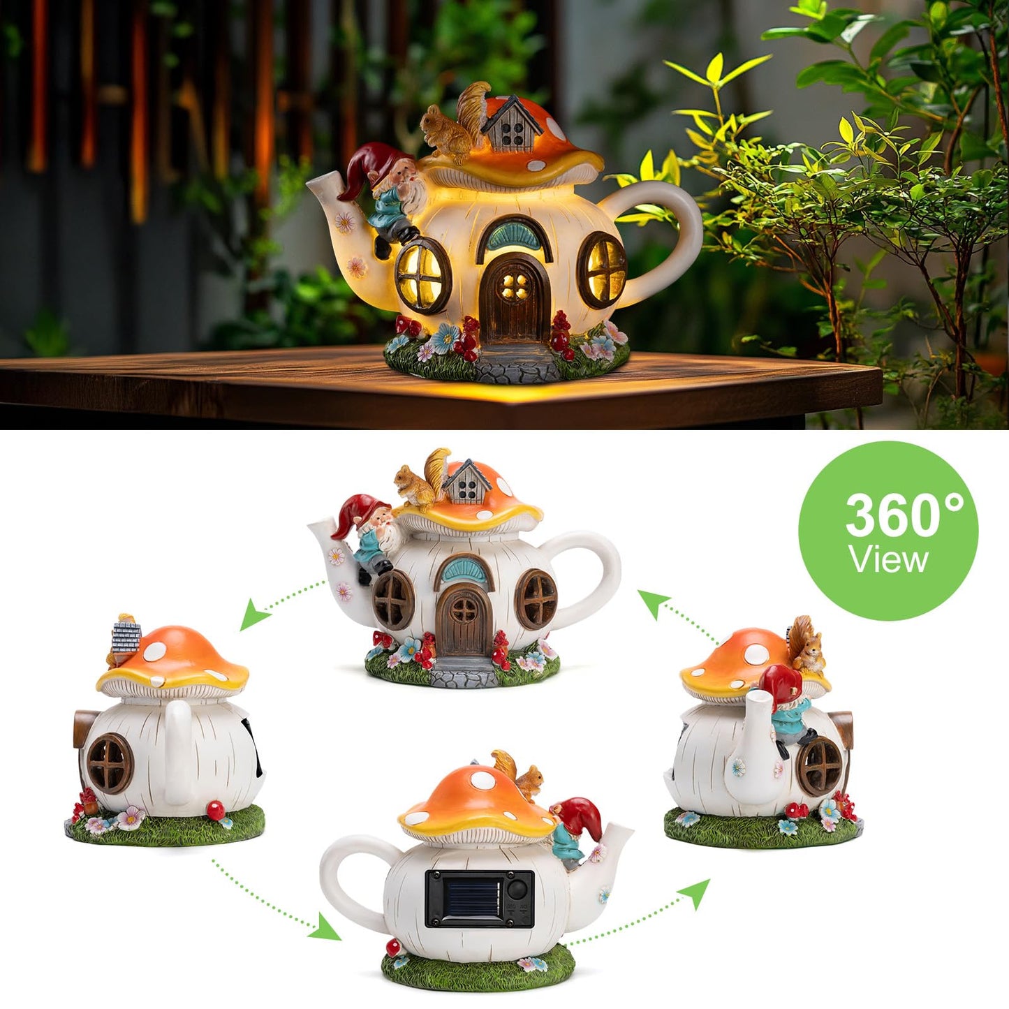 twinbling Solar Fairy House Garden Outdoor Statue with Gnome and Squirrel Figurine, Fairy Garden Accessories for Patio, Lawn, Yard & Balcony, Gifts for Mom Grandma