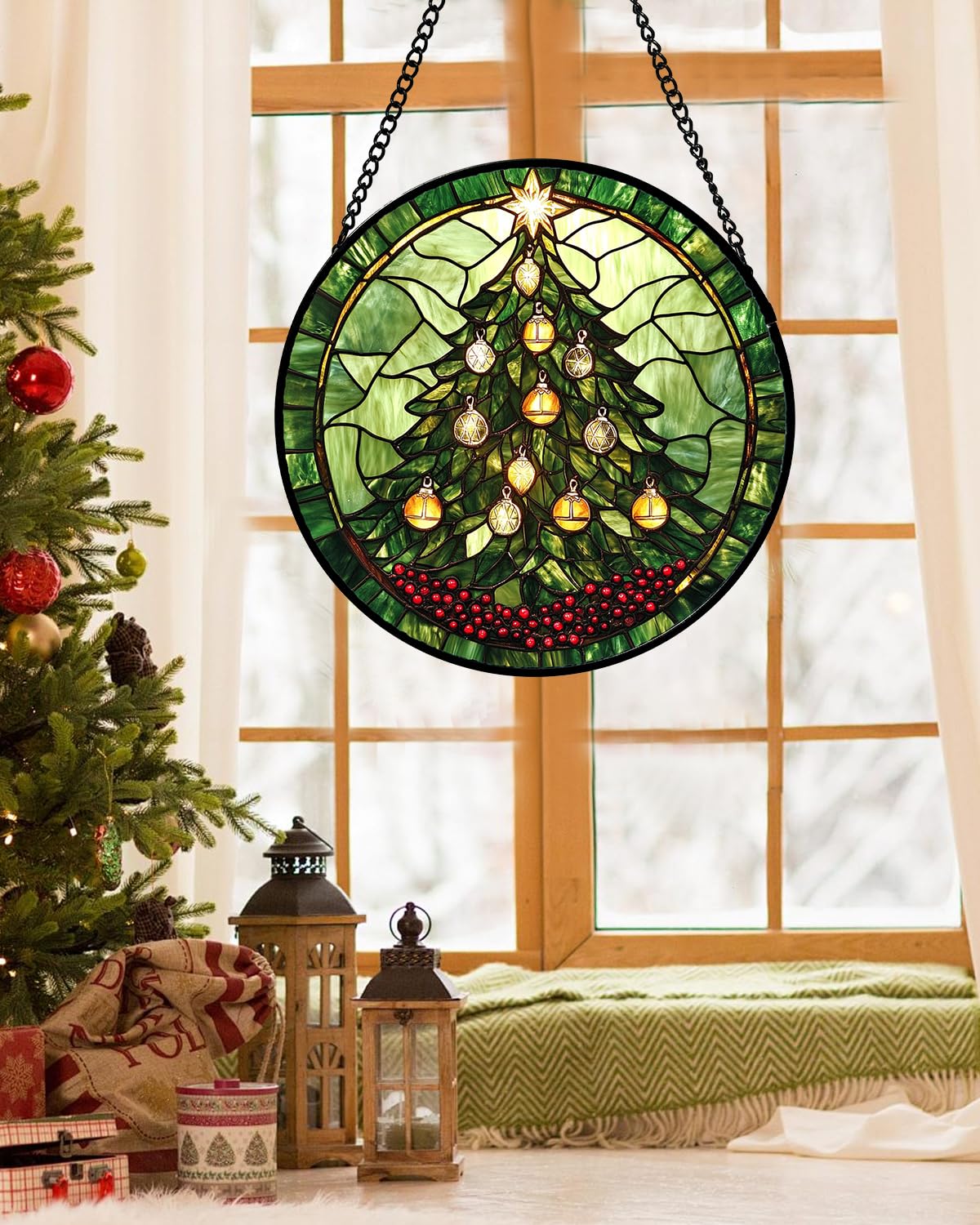 DASTOLL Stained Glass Window Hanging - Green Christmas Tree Golden Bells Suncatcher for Doors Home Christmas Decoration Sun Catcher Thanksgiving New Year Birthday Gift for Women Men Mom Nana 7.8 in
