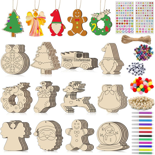 SDTHNT 60 PCS Unfinished Wooden Christmas Ornaments, 12 Styles DIY Unfinished Wood Crafts Kit with Strings, Colored Bells and Pens, Christmas Tree Hanging Decorations
