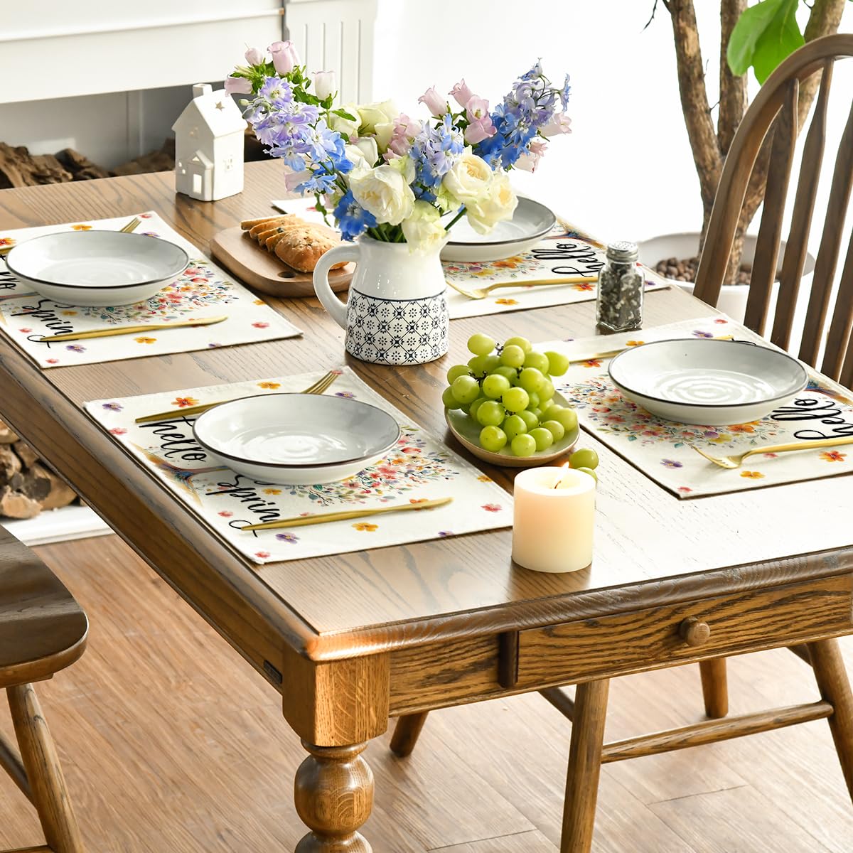 Artoid Mode Floral Tree Leaves Hello Spring Placemats Set of 4, 12x18 Inch Seasonal Summer Holiday Table Mats for Party Kitchen Dining Decoration