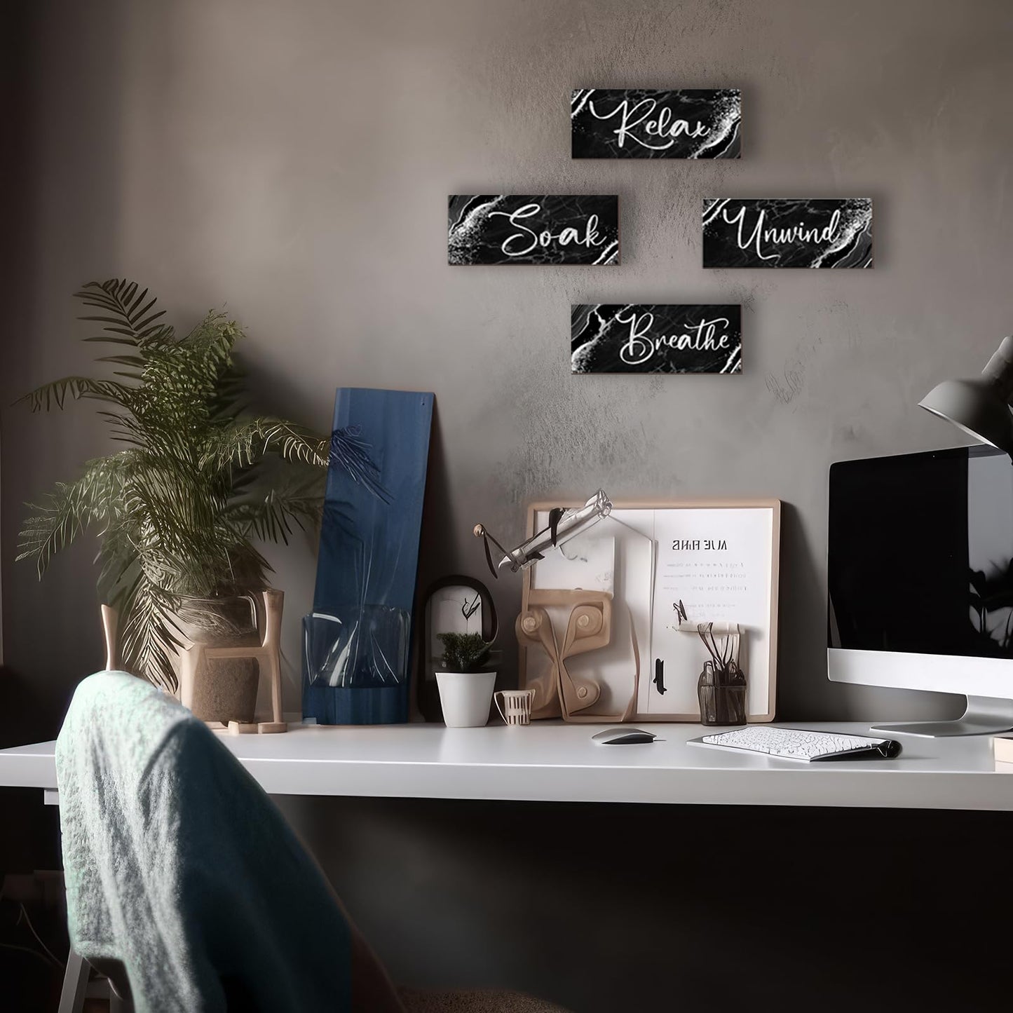 ONIZHITY 4 Pcs Black And Silver Bathroom Decor Wall Signs Relax Soak Unwind Breathe Wooden Rustic Marble Style Bathroom Accessories for Bedroom Living Room Kitchen Decoration(Black Silver 10X4")