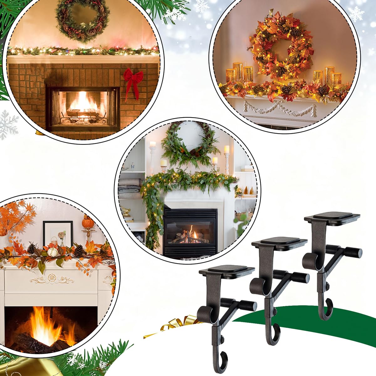 ATRGDUE ATRGDUEFireplace Stocking and Garland Hanger with Two Hooks,Adjustable Mantle Holder- Hold Christmas Decoration and Hang Garland-No Drill,Durable Wrought Iron Holds Up to 20 lbs (3Pcs,Black)