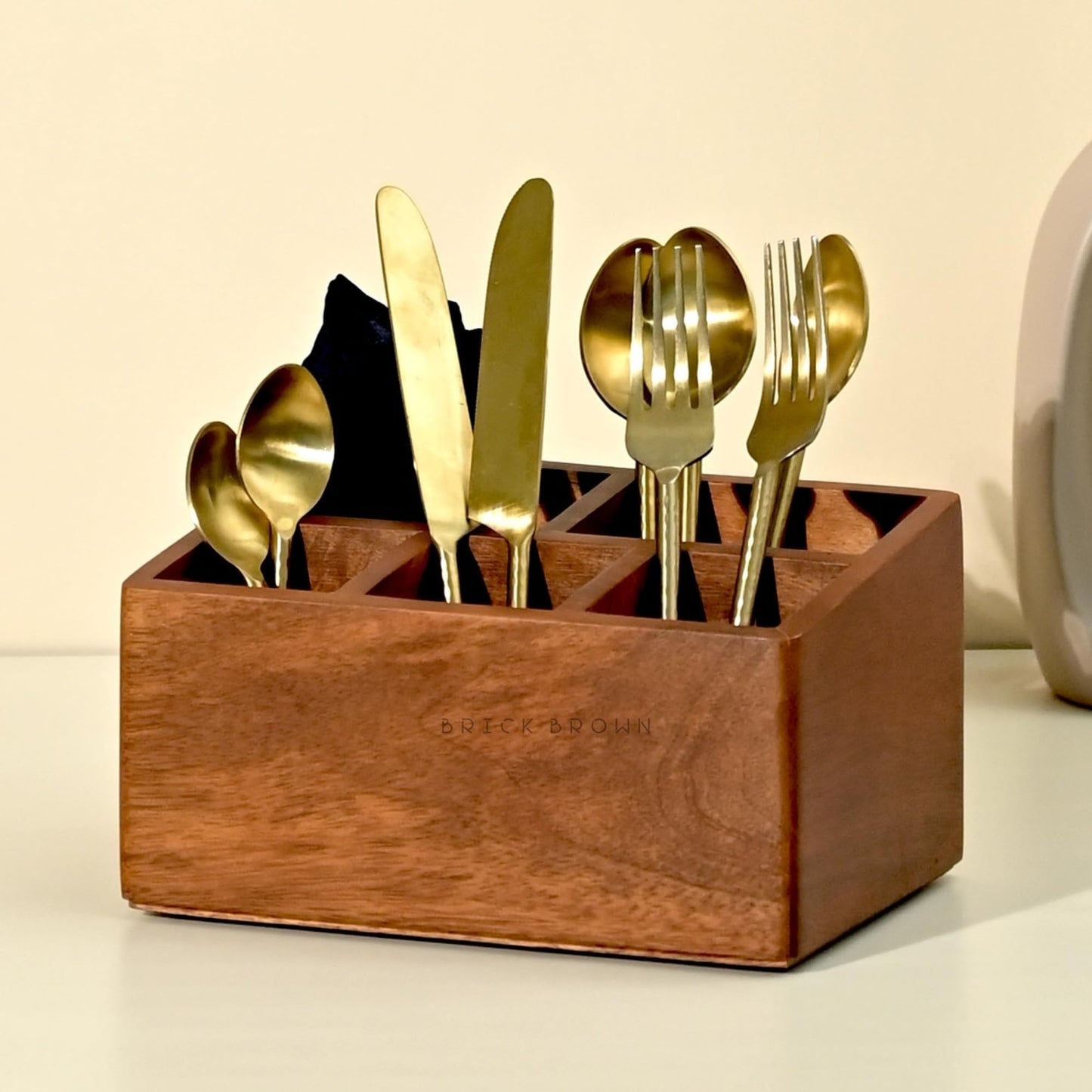 Brick Brown Premium Handcrafted Wooden Spoon stand for kitchen | cutlery holder for dining table | wooden caddy storage organiser stand with 5 section Mahogany Finish(8.75x6x4.5 inch)