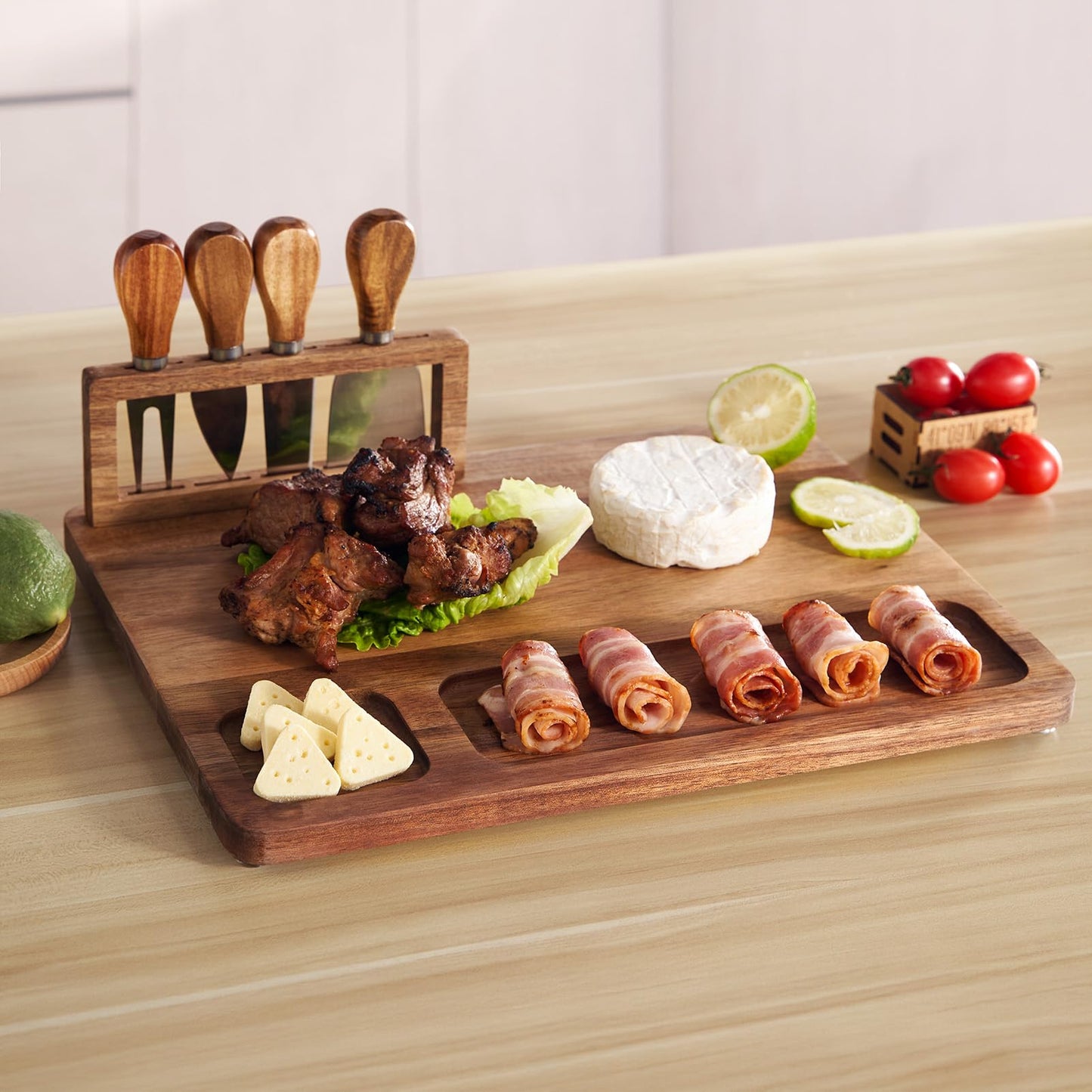 LITY Acacia Wood Charcuterie Board, Cheese Board Set with Magnetic Knife Holder, 14"x 11" Large Serving Tray for Meat, Ideal Gift for Anniversary, Christmas, Thanksgiving, Wedding, Halloween