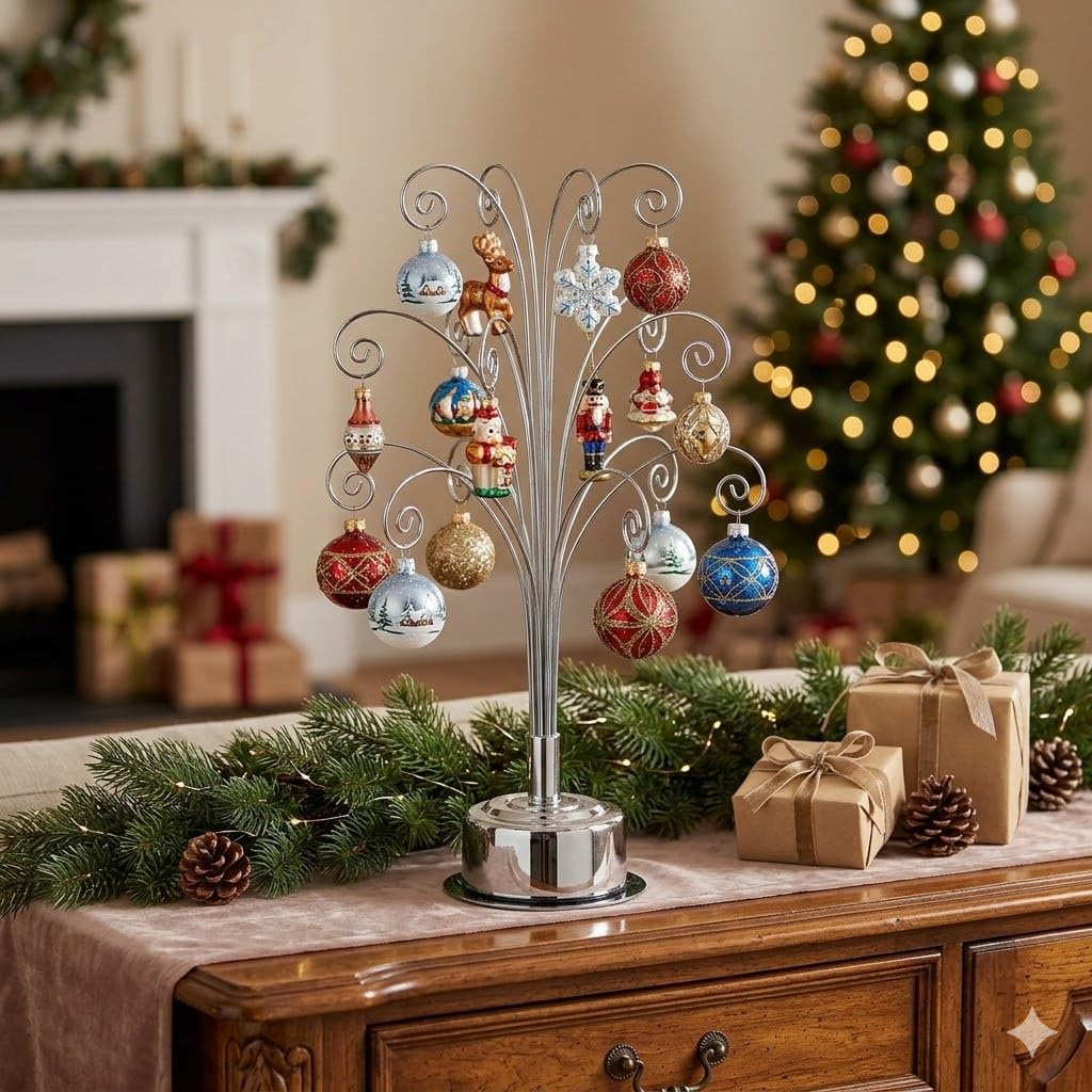 HOHIYA Ornament Display Stand 360° Rotating Christmas Tree Display with 15 Metal Hooks Tabletop Ornament Hanger for Crystal Glass Baubles Elegant Chrome Silver Eater Decor