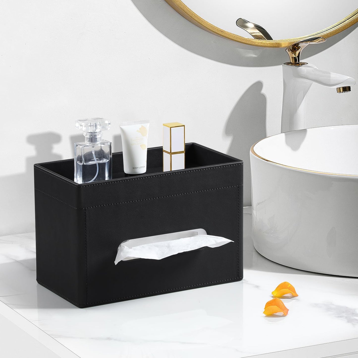 MEIBOOCH Plus Size Tissue Box Cover Rectangle, PU Leather Tissue Box Holder with Storage Tray, Decorative Organizer Tissue Holder for Bathroom, Bedroom Dresser, Night Stand, Office (Black)