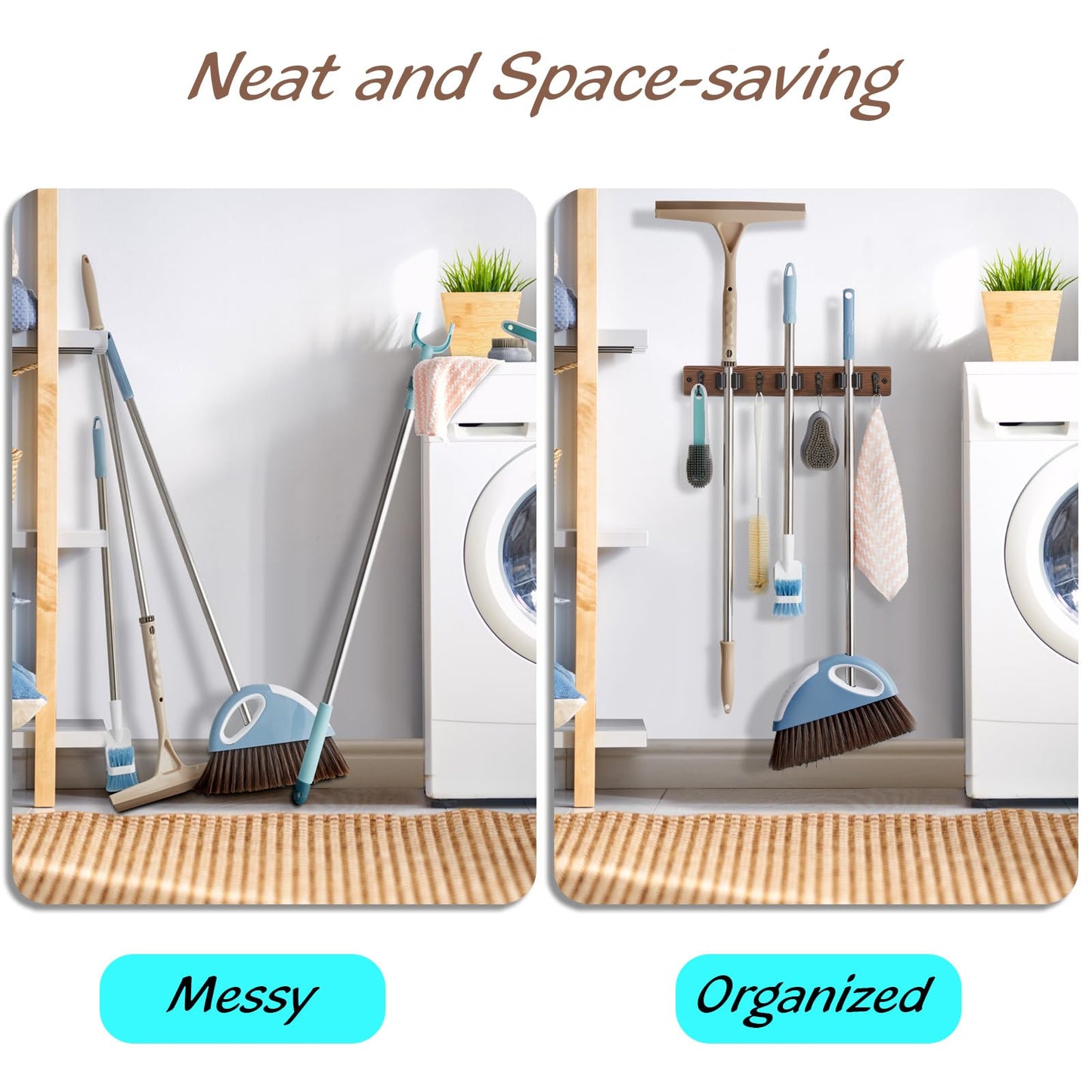 OUTNILI Mop Broom Holder Wall Mount with 3 Slots & 4 Hooks - Wood Broom Mop Hanger for Pantry Kitchen Organization - Garden Tool Organizer for Closet Laundry Room - for Rustic Farmhouse Kitchen Decor