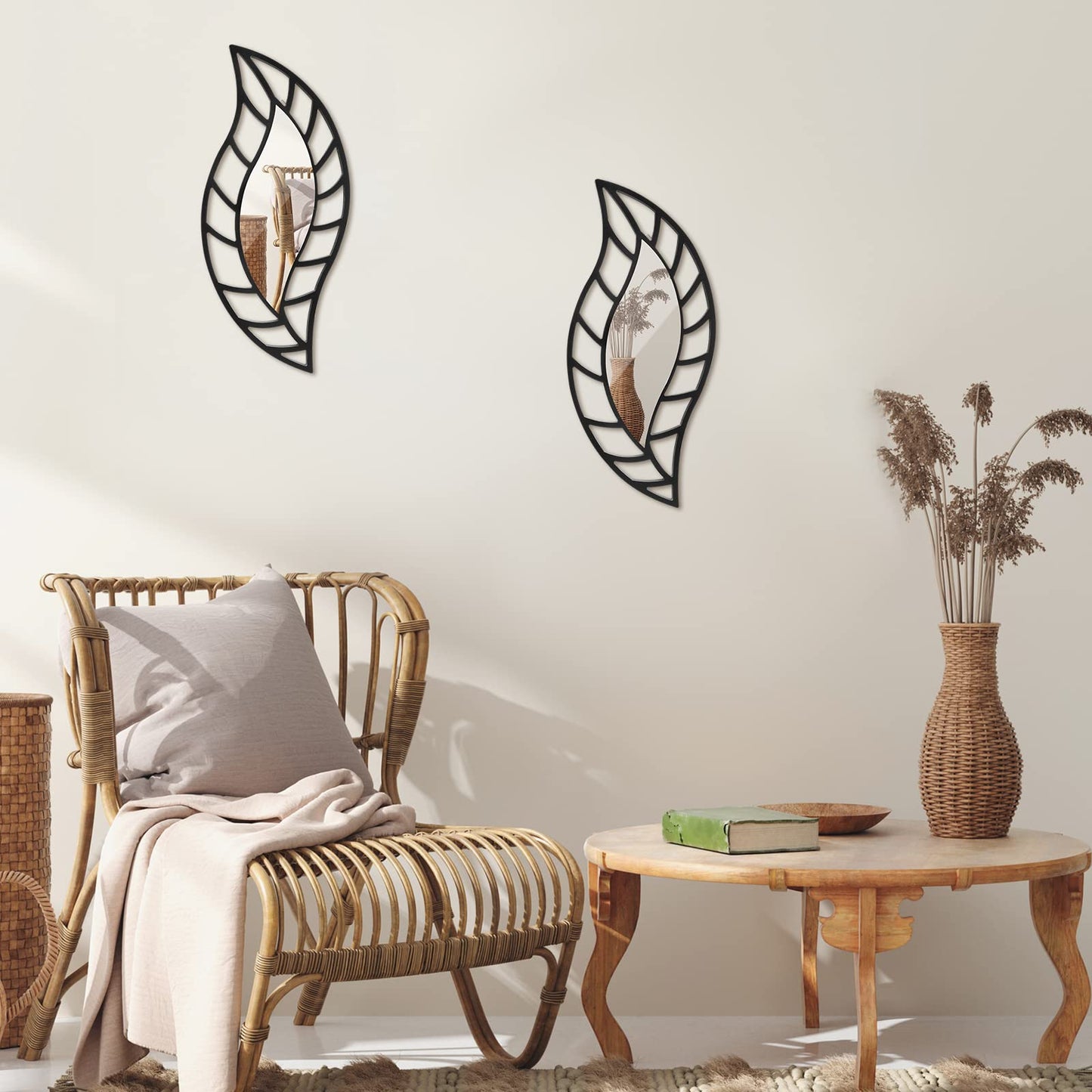 Roowest 2 Pcs Decorative Mirror Wall Decor Leaf Teardrop Mirror Wall Mounted Decorations for Living Room Bedroom Bathroom Vanity Entryway Office(Black)