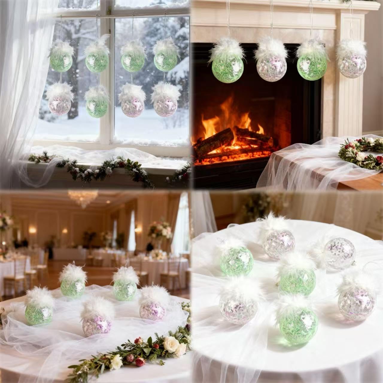 Feather Christmas Ornaments Ball for Home Décor – Clear & Soft Green Glitter Hanging Baubles, Shatterproof Modern Tree Decorations for Living Room, Fireplace, Table Styling, 6 Pack 2.36inch