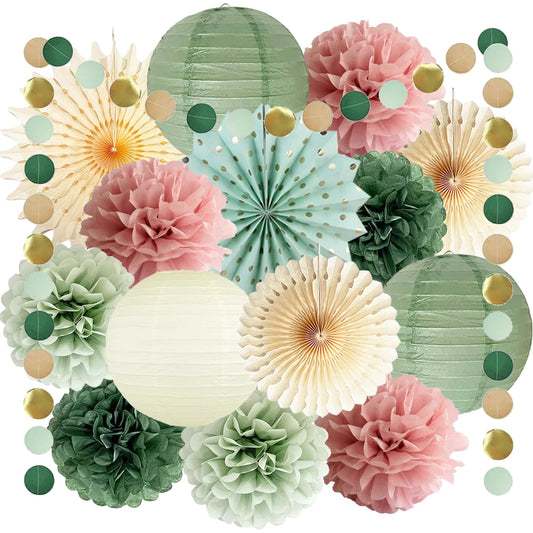 Sage Green and Dusty Pink Party Decorations Green & Pink Party Decor Sage Tissue Pom Poms Paper Lanterns Beige Paper Fans for Women Girls Birthday Wedding Bridal Shower Baby Shower Party Decor