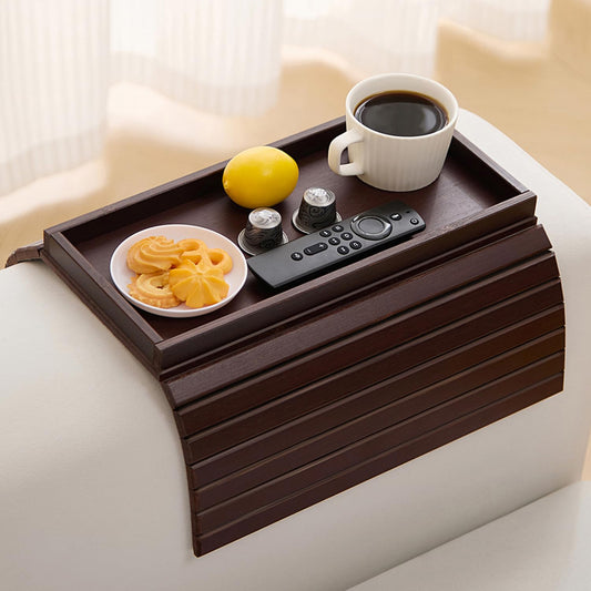 Bamboo Couch Arm Tray Table，Foldable Sofa Armrest Tray Table for Couch，Flexible and Anti-Slip Couch Arm Cup Holder，Portable Sofa Arm Chair Table for Drink,Cups, Eats，Snacks, Phone, Remote