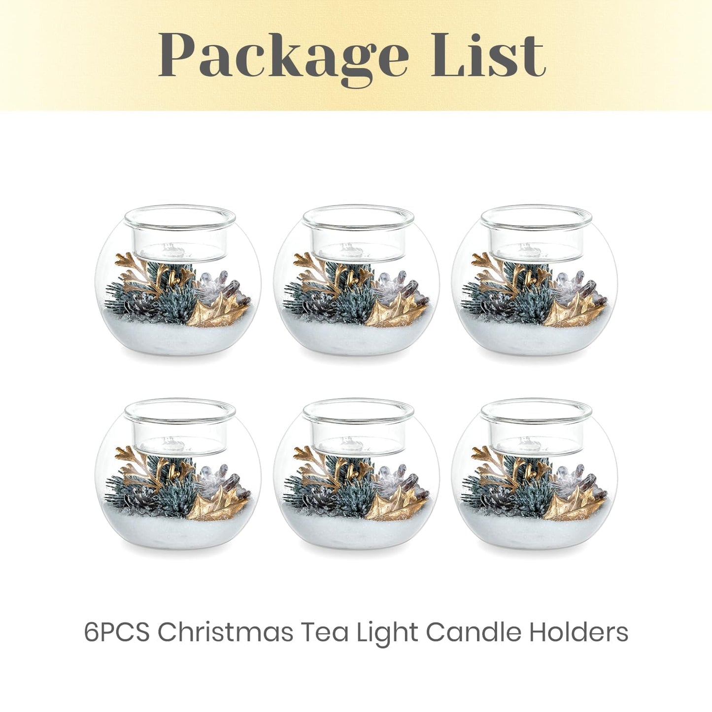 Hewory Christmas Tealight Candle Holders: Set of 6 Glass Ball Tea Light Candle Holder with Golden Leaves and Needles, Christmas Table Decorations for Dinner Centerpiece Holiday Party Fireplace Mantle