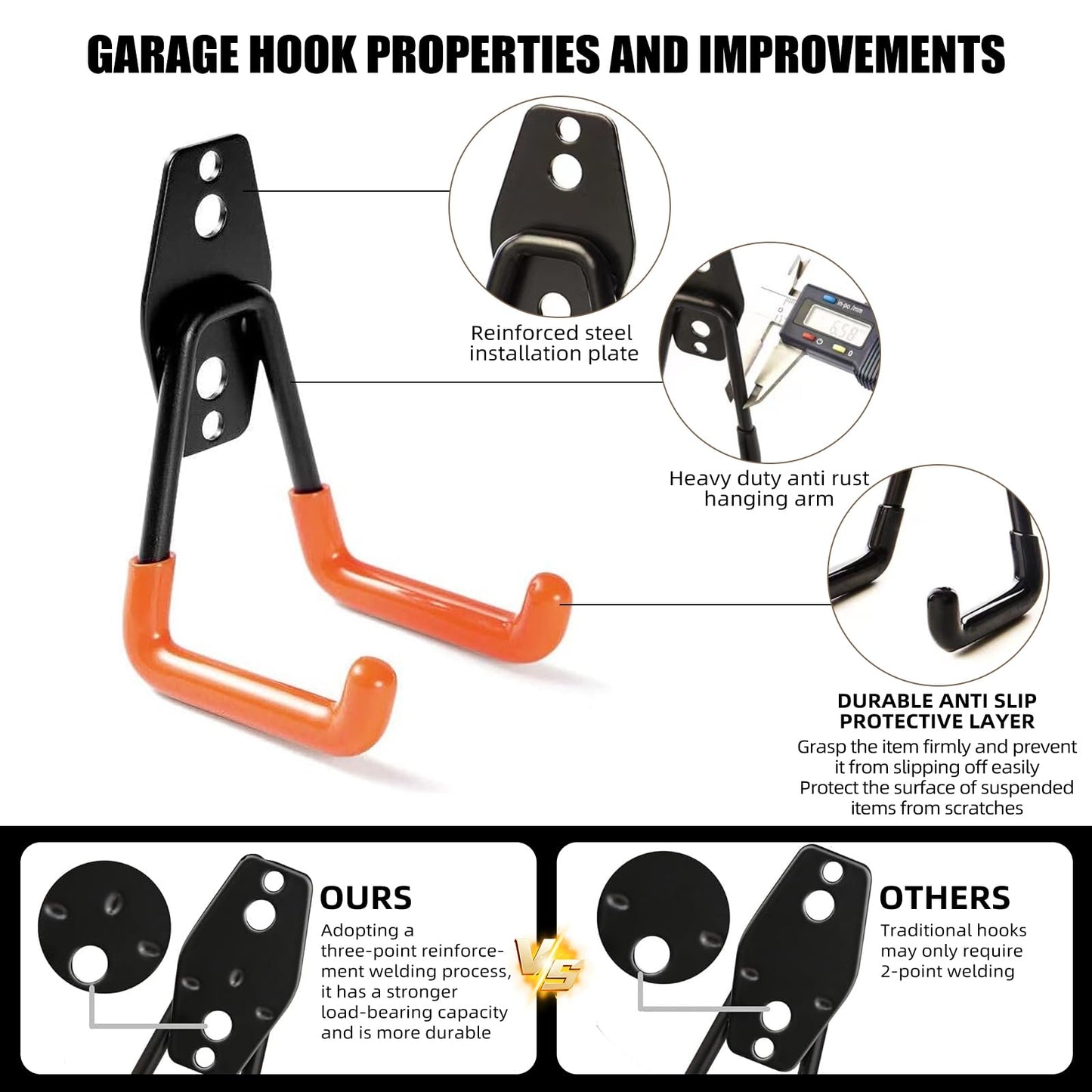 CRXCRC Garage Hooks, 4 Pack 7.7inch Large Square Wall Hooks for Hanging Heavy Duty Ladders, Bikes, Tools Ideal for Garage, Garden, Basement Utility Room Storage (Black)