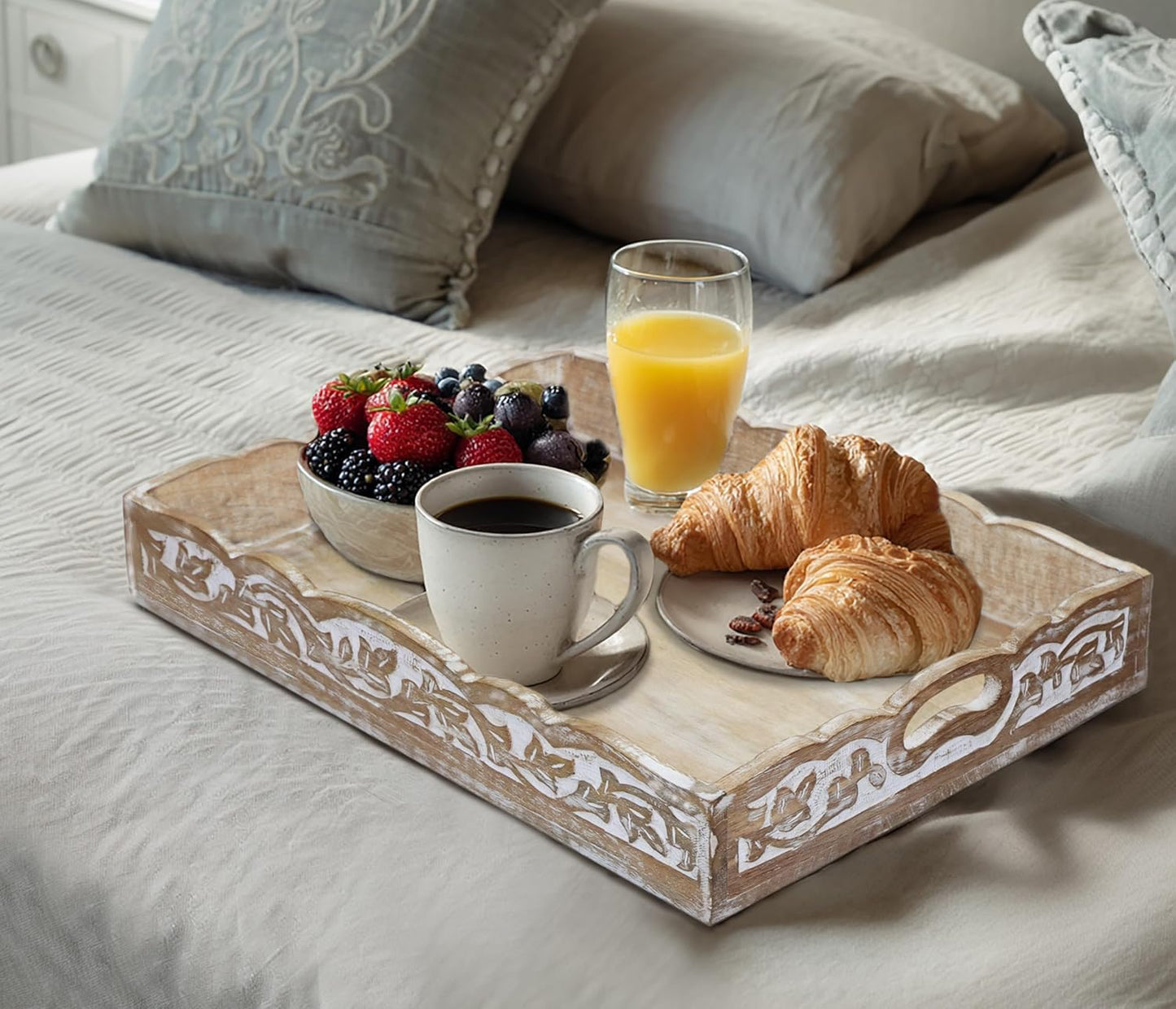 Hand Carved Solid Wood Serving Tray - Decorative Breakfast Tray with Handles - Rustic Food Tray with Intricate Detail - Unique Furnishing Accent - White Wash - 17 x 13 x 2.75 Inches - COTTON CRAFT