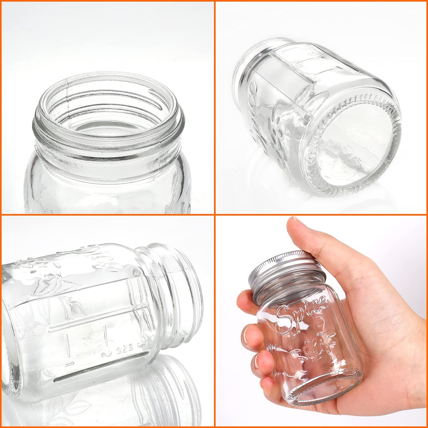 CycleMore 15 Pack 4oz Glass Mason Spice Jars, Round Spice Containers with Silver Metal Caps and Pour/Sift Shaker Lids-40pcs Labels,1pcs Silicone Collapsible Funnel,1pack Brush and 1 Pen Included