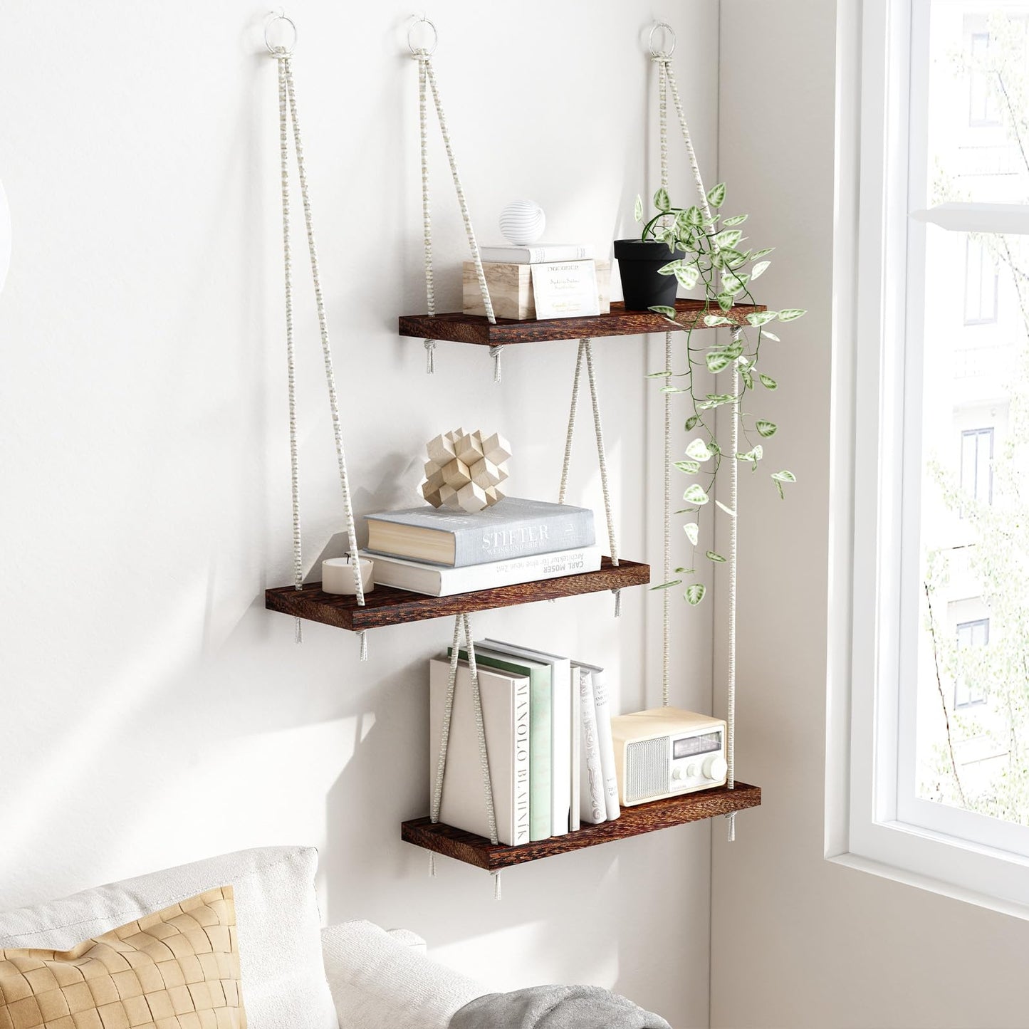 Fixwal Hanging Shelves for Wall, 3 Tier Boho Wall Decor Hanging Plant Shelf Floating Shelves Rope Rustic Wood Organizer Storage Hanger Rack for Aesthetic Home Bedroom Kitchen Bathroom - Dark Brown