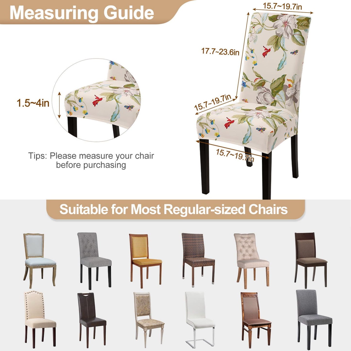 SearchI Chair Covers Slipcovers Set of 4, Spandex Super Fit Stretch Removable Washable Kitchen Parsons Protector for Dining Room,Hotel,Ceremony,Beige+Flowers