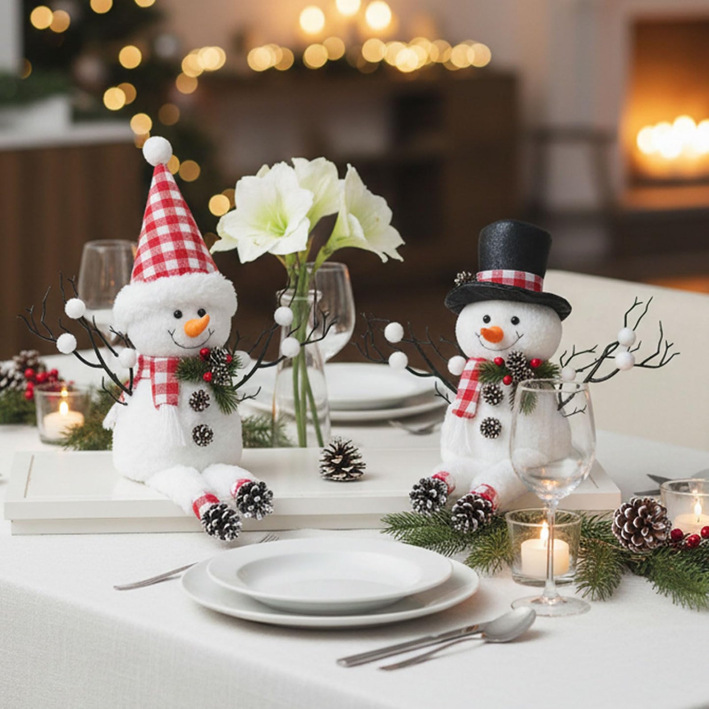 MWDJPXY 2 Pack Christmas Table Decorations, 18" Lighted Plush Snowmen Christmas Trees with Pine Cone Twigs, Light Up Snowman Holiday Present, Xmas Party Gifts Tabletop Ornaments (Red and White)