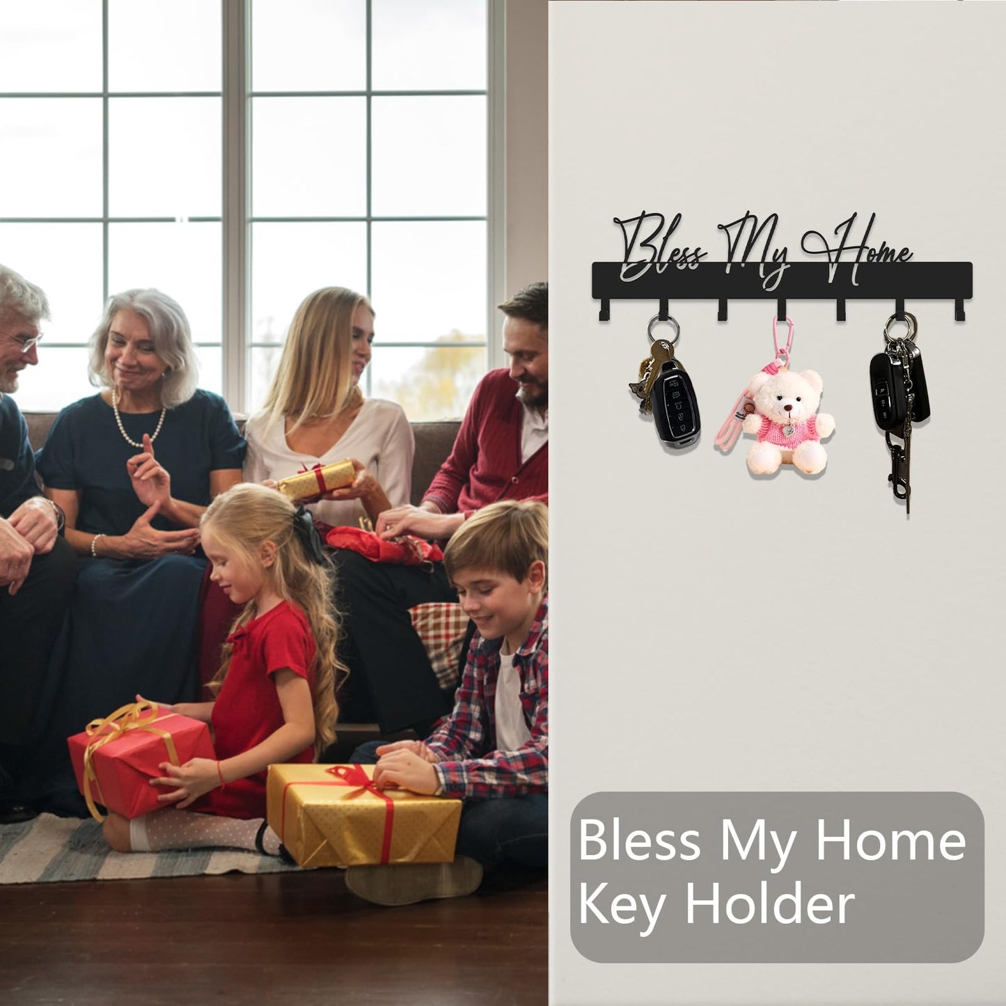 ShowMtheM Exquisite Fashion Phrase Key Holder Wall Mount,Bless My Home Key Hooks for Wall Decoration,Black Metal Key Hanger with 7 Hooks for Entryway,Office,Living Room Decor