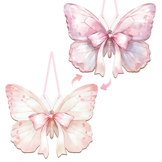 KHJCXS Double Sided Pink Purple Butterfly Wooden Hanging Wall Sign, Cute Coquette Girly Bows Wall Art Decor for Teen Girls Kids Preppy Nursery, College, Bedroom, Dorm, 12.6" × 11.8"