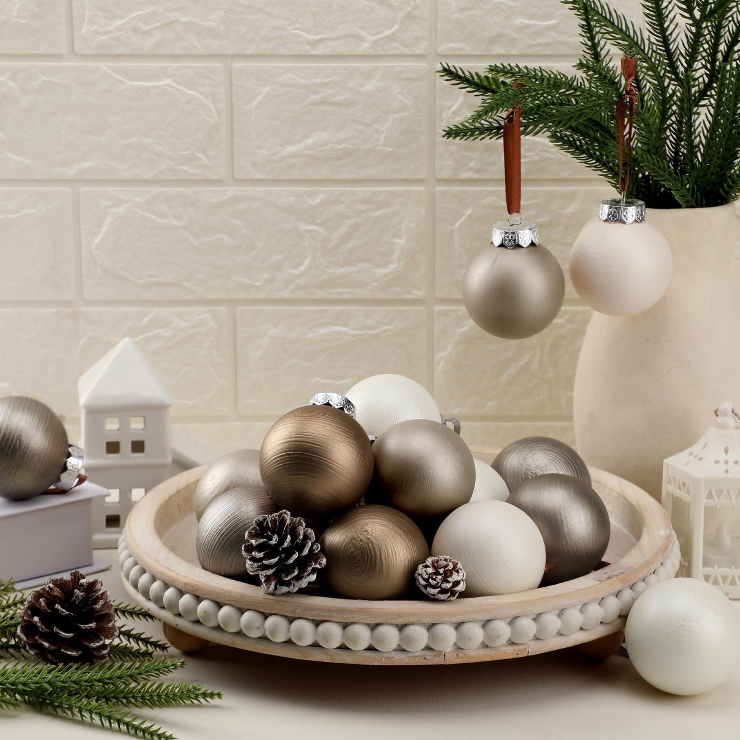 Suilung 12 Pcs Modern Neutral Christmas Ball Ornaments Set 2.4 Inch Rustic White Brown Xmas Baubles Shatterproof Textured Farmhouse Modern Christmas Decor for Xmas Tree Holiday Indoor Home Decor