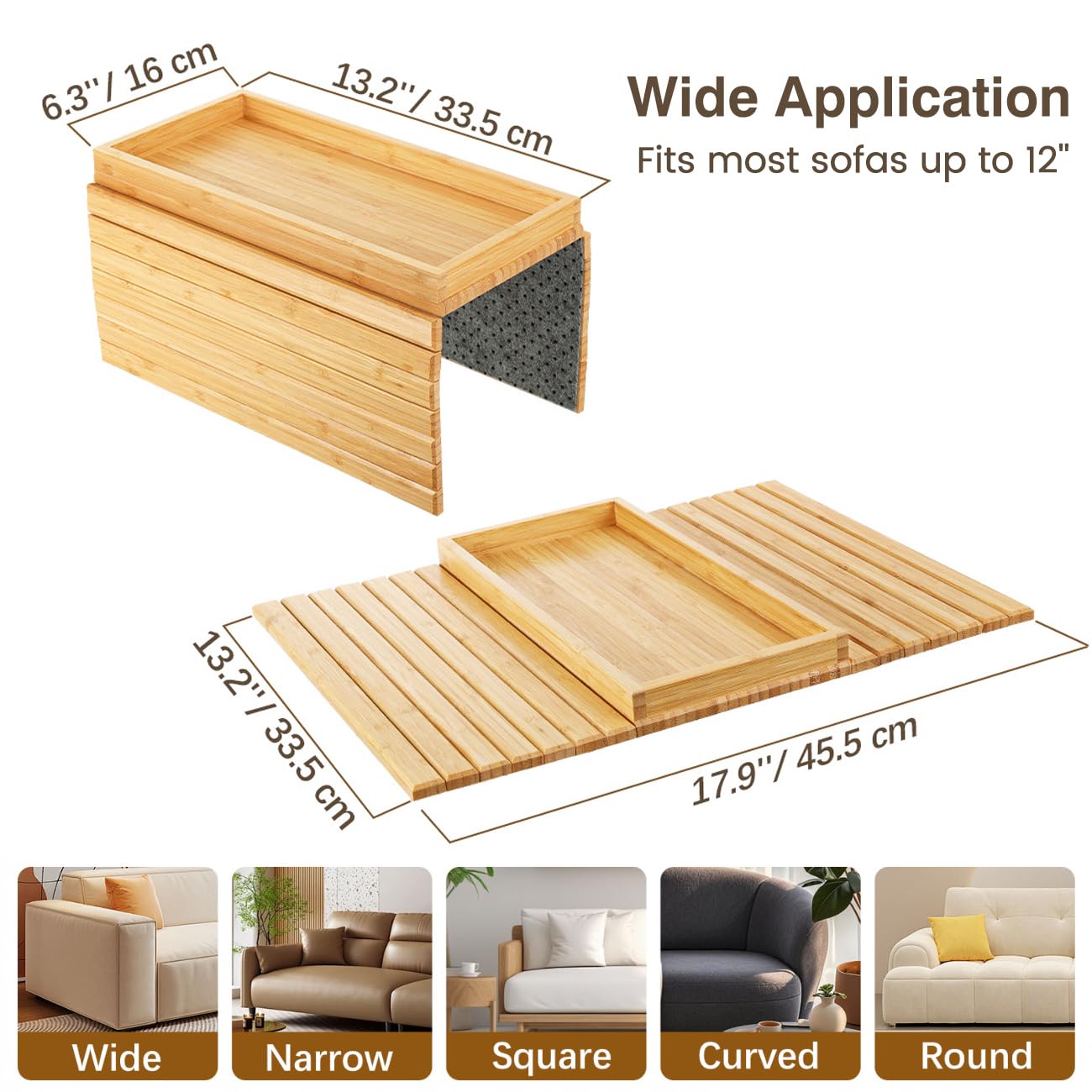 Kssiaz Couch Arm Tray, Bamboo Sofa Tray Table for Couch, Sofa Armrest Table, Anti-Slip Armrest Organizer, Foldable Couch Cup Holder for Snacks, Phone, Control, Cups, Natural