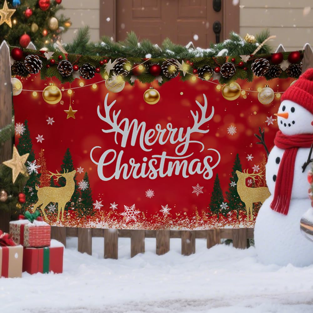 CRAFTYMELODY Large Merry Christmas Banner 70×43 Inch Red Christmas Wall Banner Santa Deer Snow Backdrop Winter Yard Sign Indoor Outdoor with Grommets 3.2 Yard String for Party Decoration Supplies