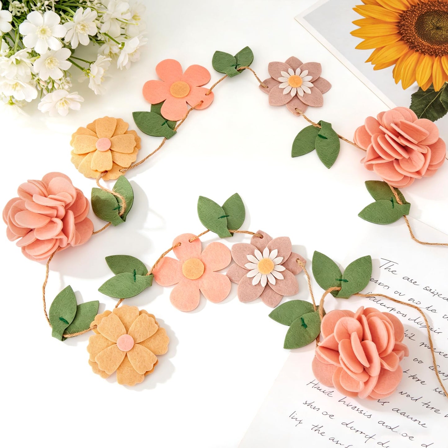 Handmade Felt Flower Garland, Flower Party Decorations, Pre-Strung Spring Garden Decorations for Girls Women Mom, Floral Birthday Party Decor