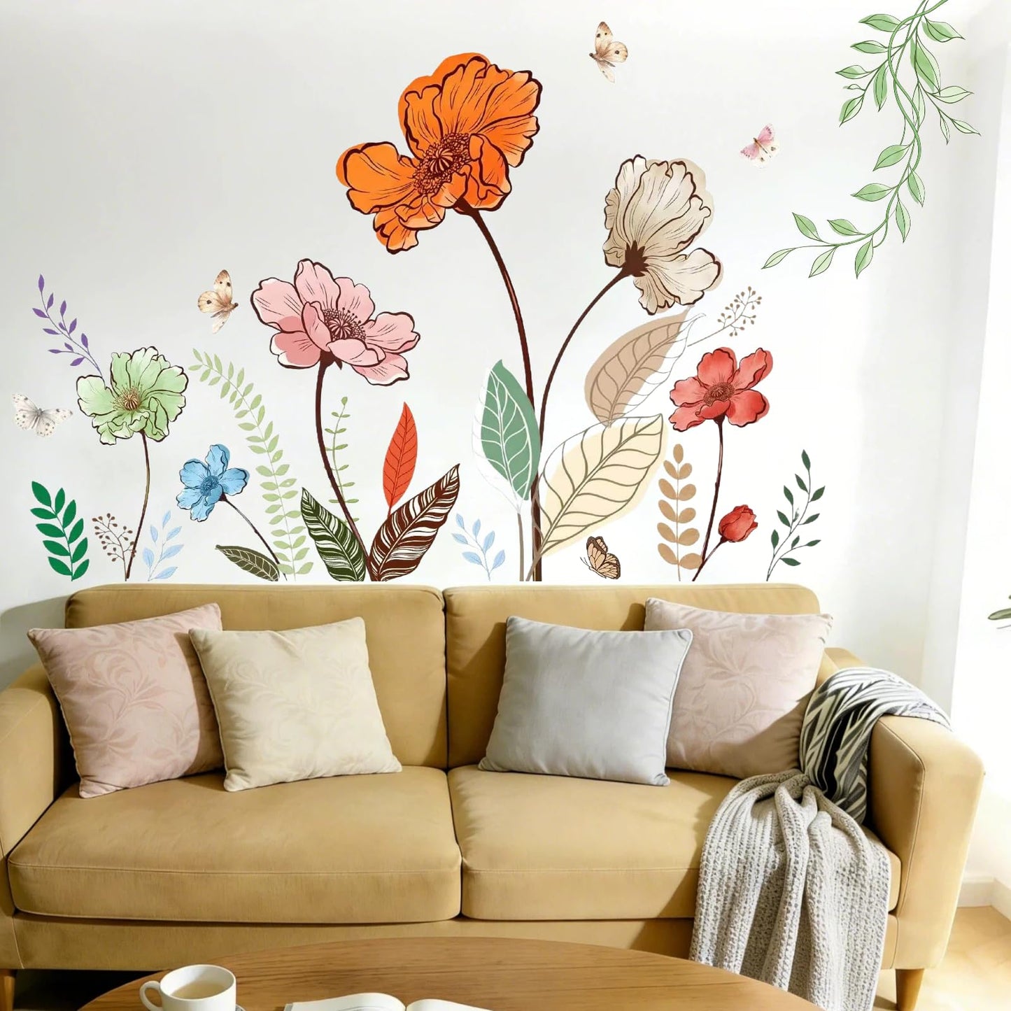 Flower Wall Decals Large Boho Wall Stickers - Wildflower Floral Spring Wall Art Decals Wall Decor Peel and Stick for Living Room Bedroom TV Wall