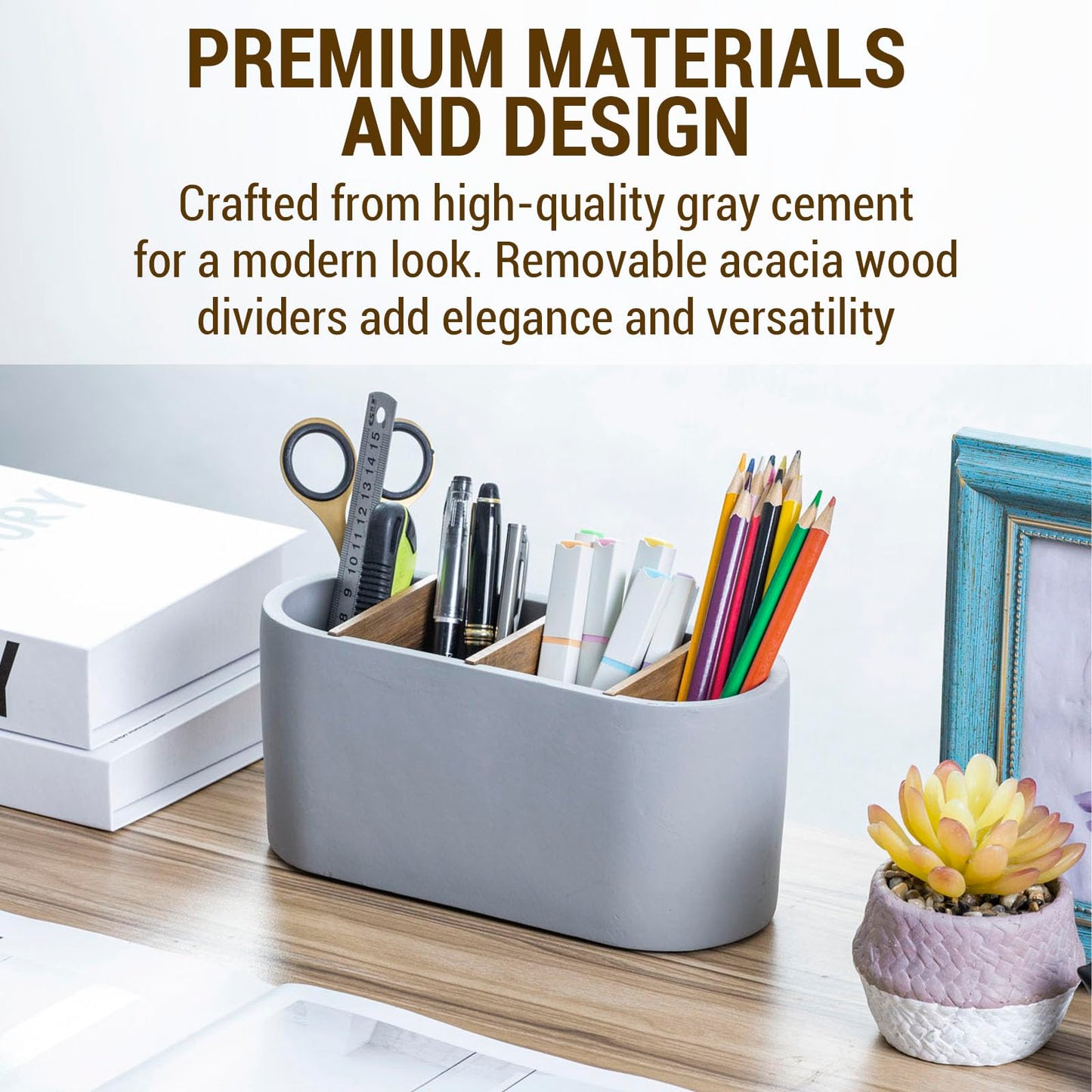 MyGift Pen Holder & Pencil Cup Modern Oval Gray Cement Desktop Office Stationery Organizer with Removable Acacia Wood Dividers
