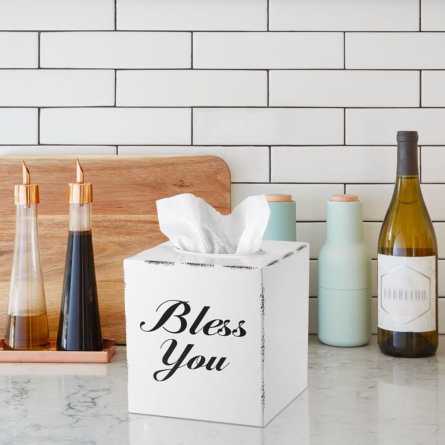 Sumnacon Tissue Box Cover Square, Bless You Tissue Holders, Decorative Tissue Box Holder Open Bottom, Cube Metal Tissue Cover for Bathroom, Bedroom, Living Room, Office, Tabletop, Gift Option, White