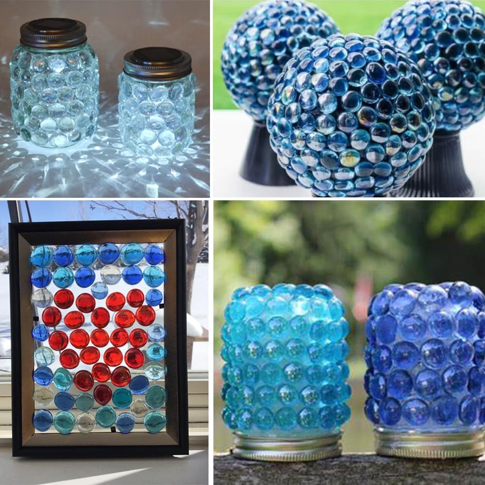 HappyFiller Flat Glass Marbles Grey Blue Gems 1 LB Approx 100 PC Fill 0.3 L Vol.Aquarium Pebbles,Fire Drop Beads,Vase Filler,Art Crafts,Candle Holder Decor Stone