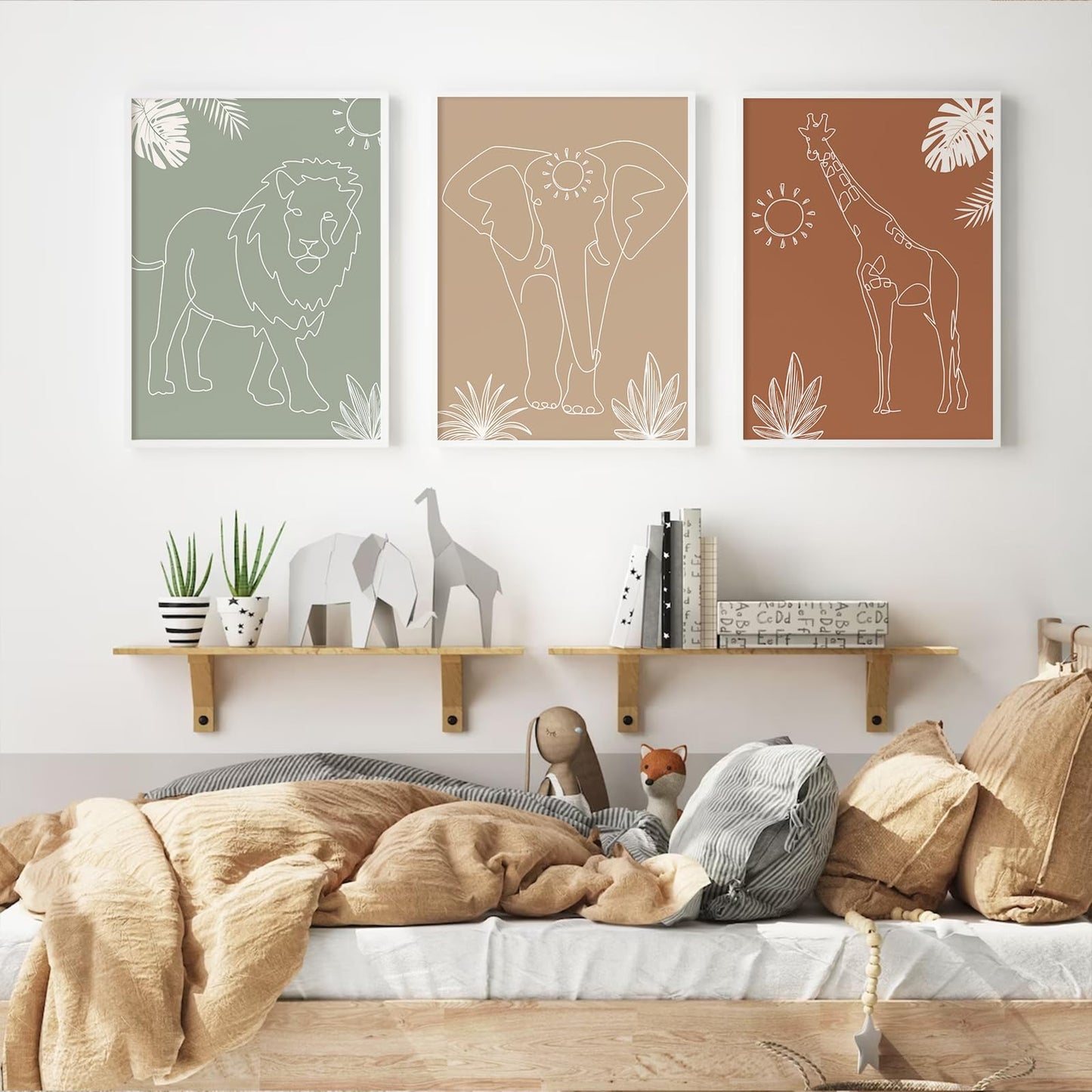 Safari Nursery Wall Art Pictures Baby Animal Canvas Wall Decor Boho Jungle Wall Art Kids Minimalist Poster Elephant Giraffe Lion Prints Nursery Safari Artwork for Bedroom 12x16 Inch Unframed Set of 3