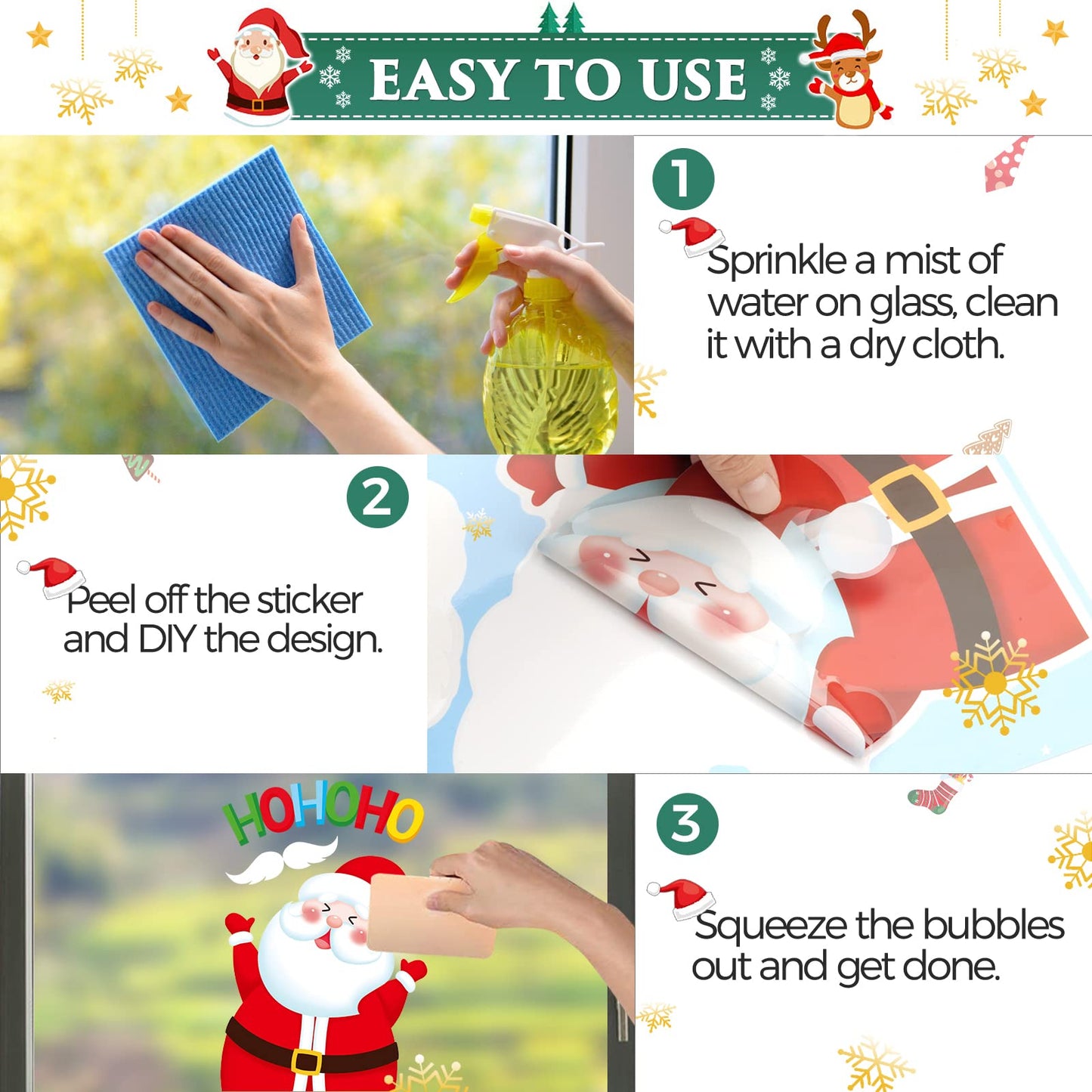 Christmas Window Clings, Christmas Window Decorations Santa Snowman Reindeer Xmas Snowflake Merry Christmas Window Clings, Double-Side Window Stickers for Party Xmas Decorations Home School (9 Sheets)