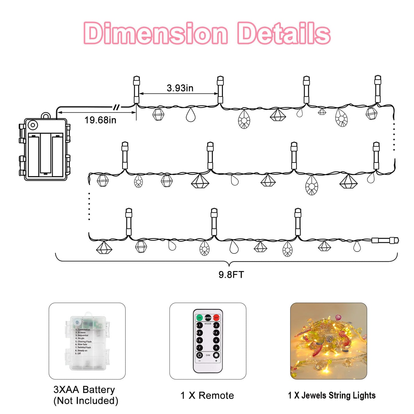 DealBeta Battery Operated Fairy String Lights, Acrylic Gems Jewels String Lights with Remote 8 Modes Timer Function,30 Warm White LED Battery Powered Fairy Lights for Bedroom Party Decor