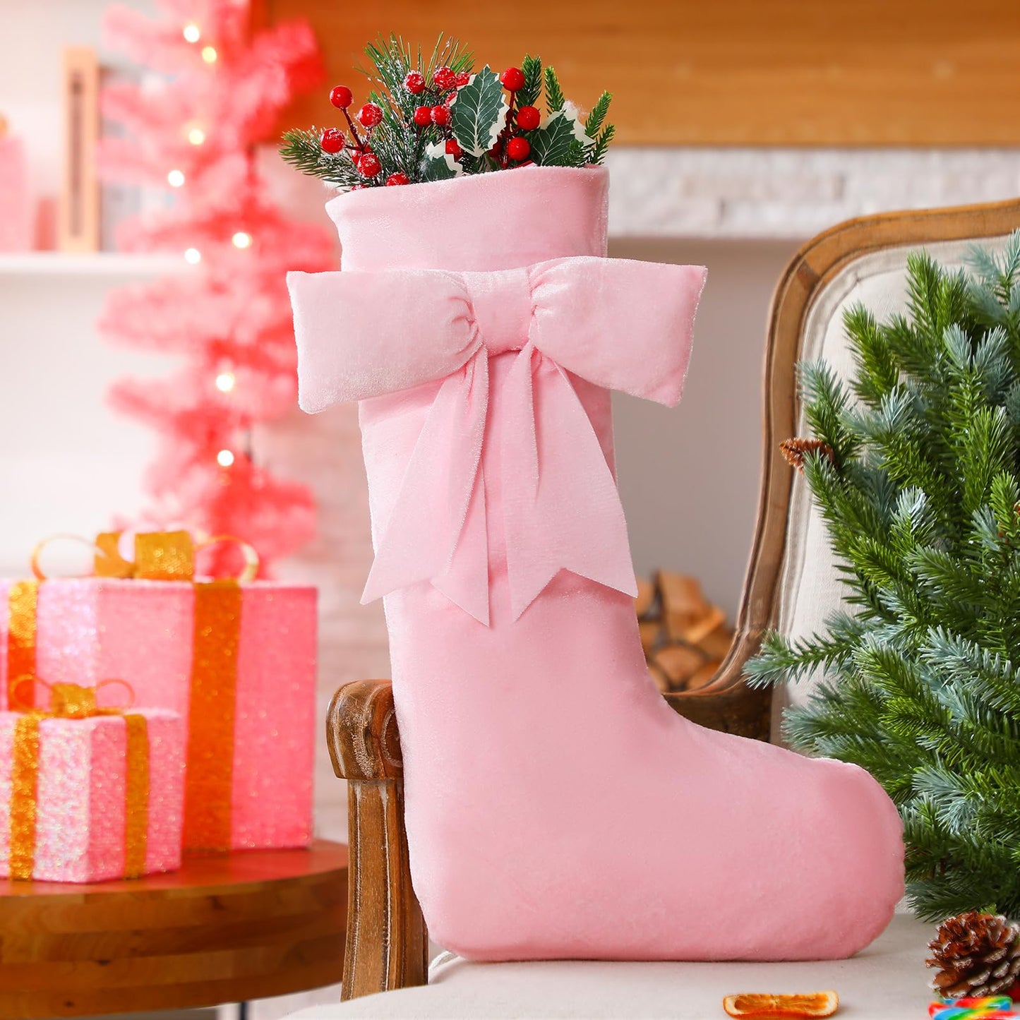 JellyArch 4 Pack 18 Inch Pink Velvet Christmas Stockings Large Coquette Bow Faux Fur Stockings Christmas Hanging Decoration Candy Gift Bags for Xmas Tree Fireplace Holiday Party Decor(Cute Style)